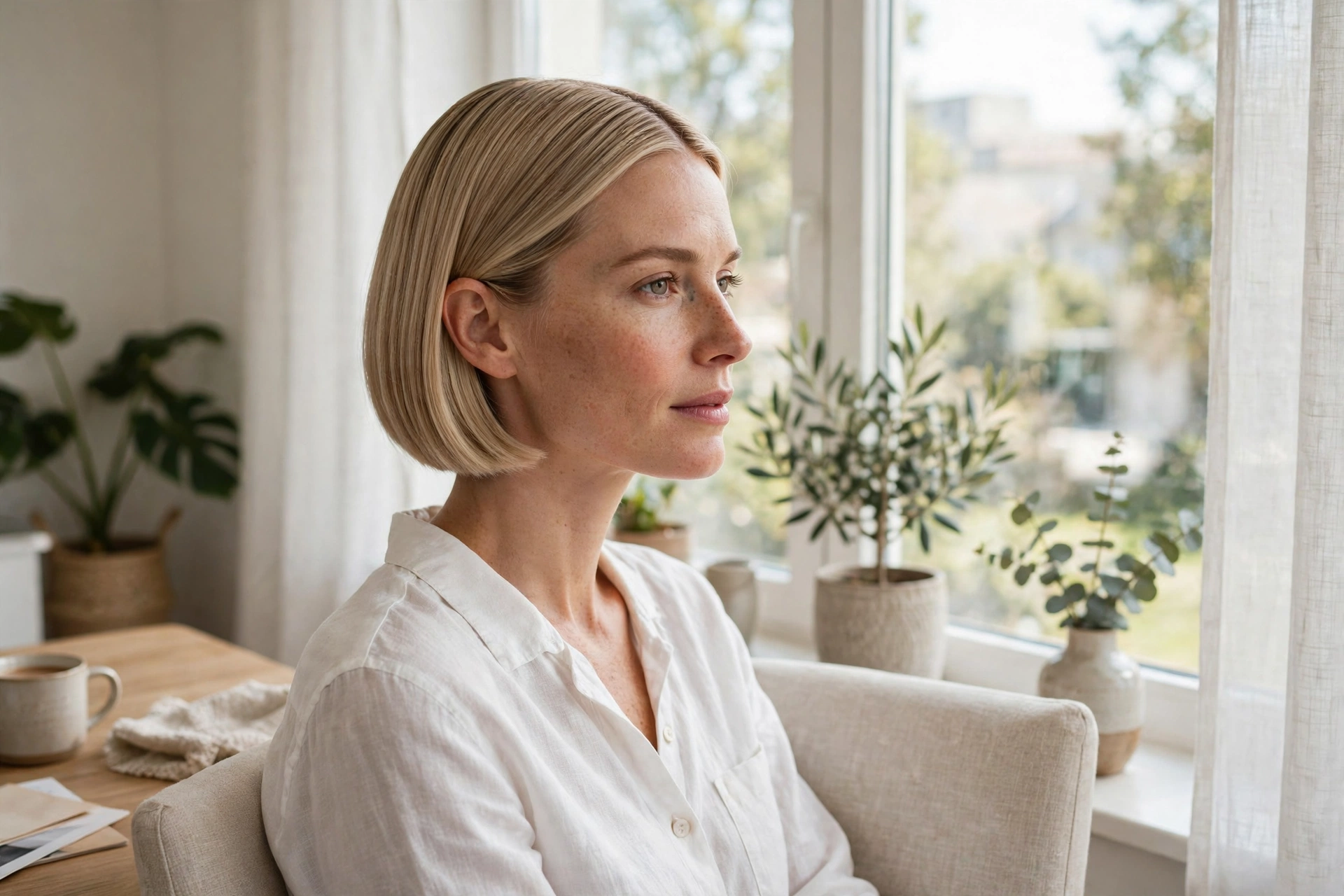 A woman with an inverted bob and a centre part, sleek blonde hair, sitting in a bright room by a window.