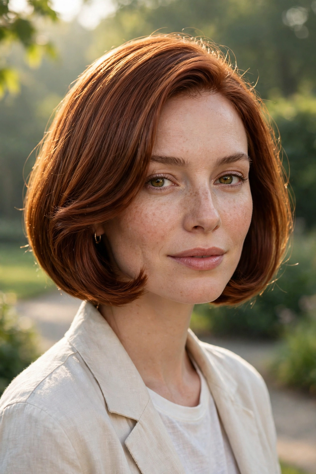 A woman with an inverted bob and a polished blow-dry curve, auburn hair, outdoors in soft morning light.