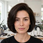 A woman with a stacked bob with a full rounded back and longer front pieces, dark brown hair, photographed front-facing in a bright salon.