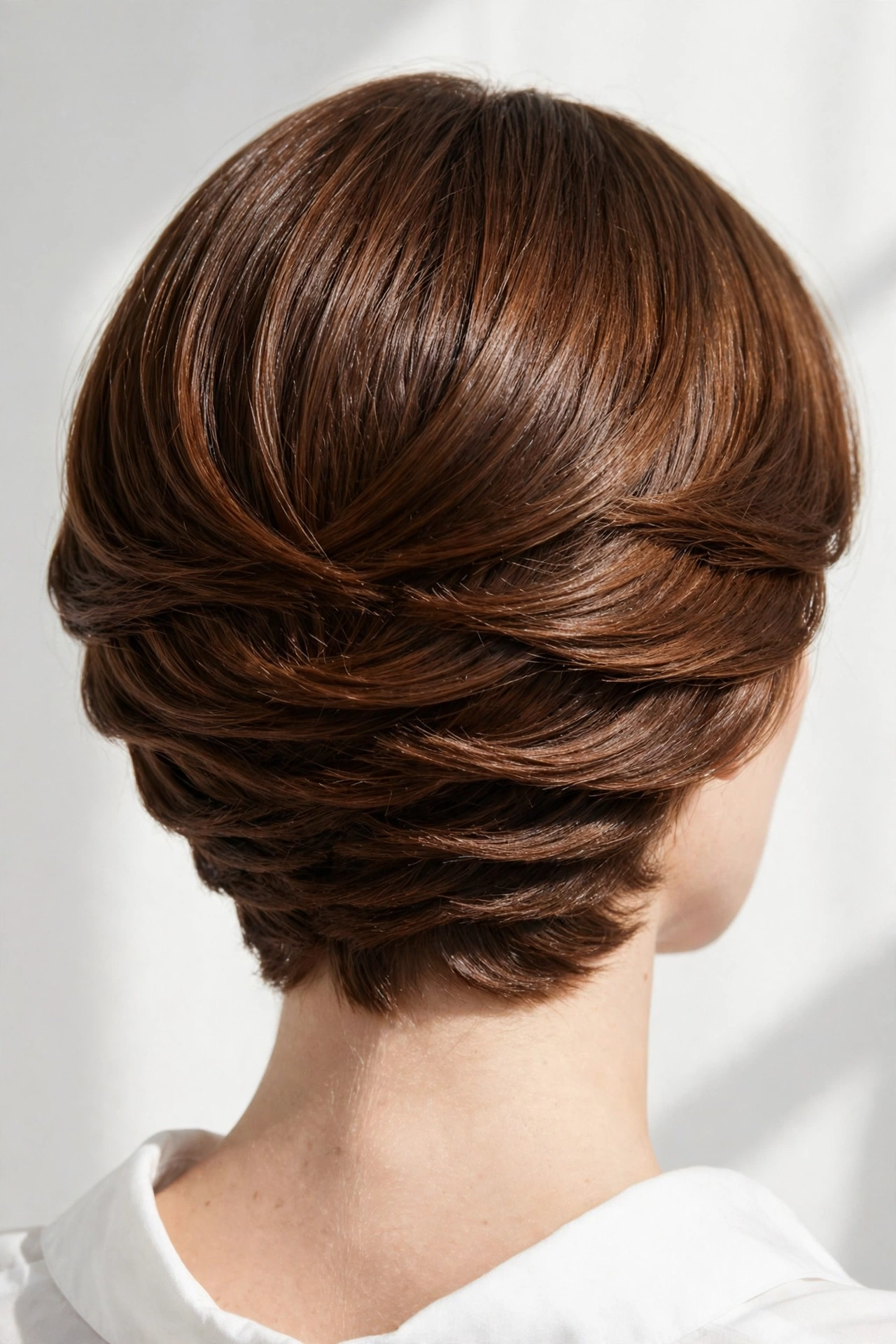 Back view of a woman with graduated stacked layers at the nape, glossy chestnut hair, in soft studio lighting.