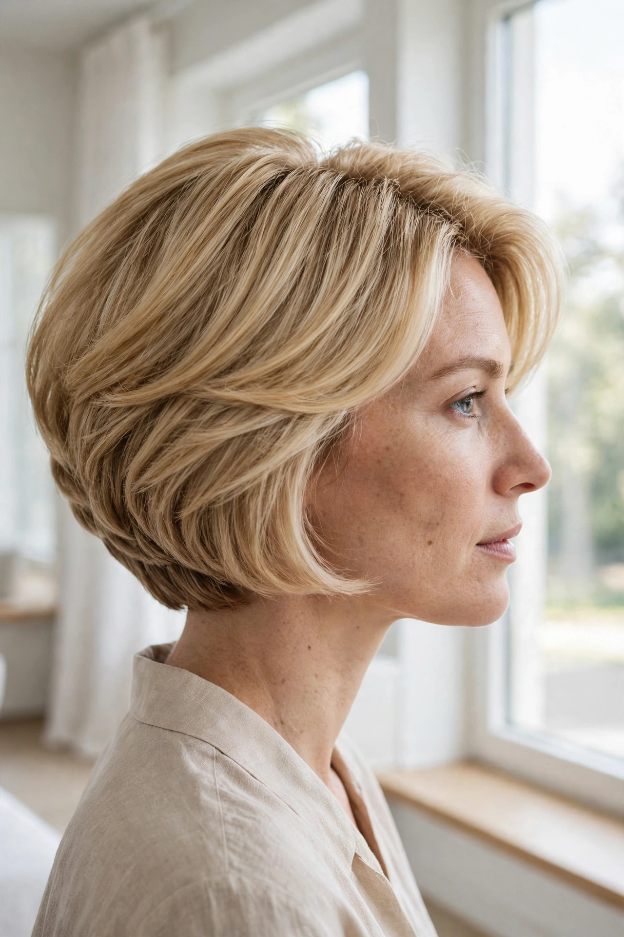 Side view of a woman with a stacked bob showing fullness at the crown and back, blonde hair, by a bright window.