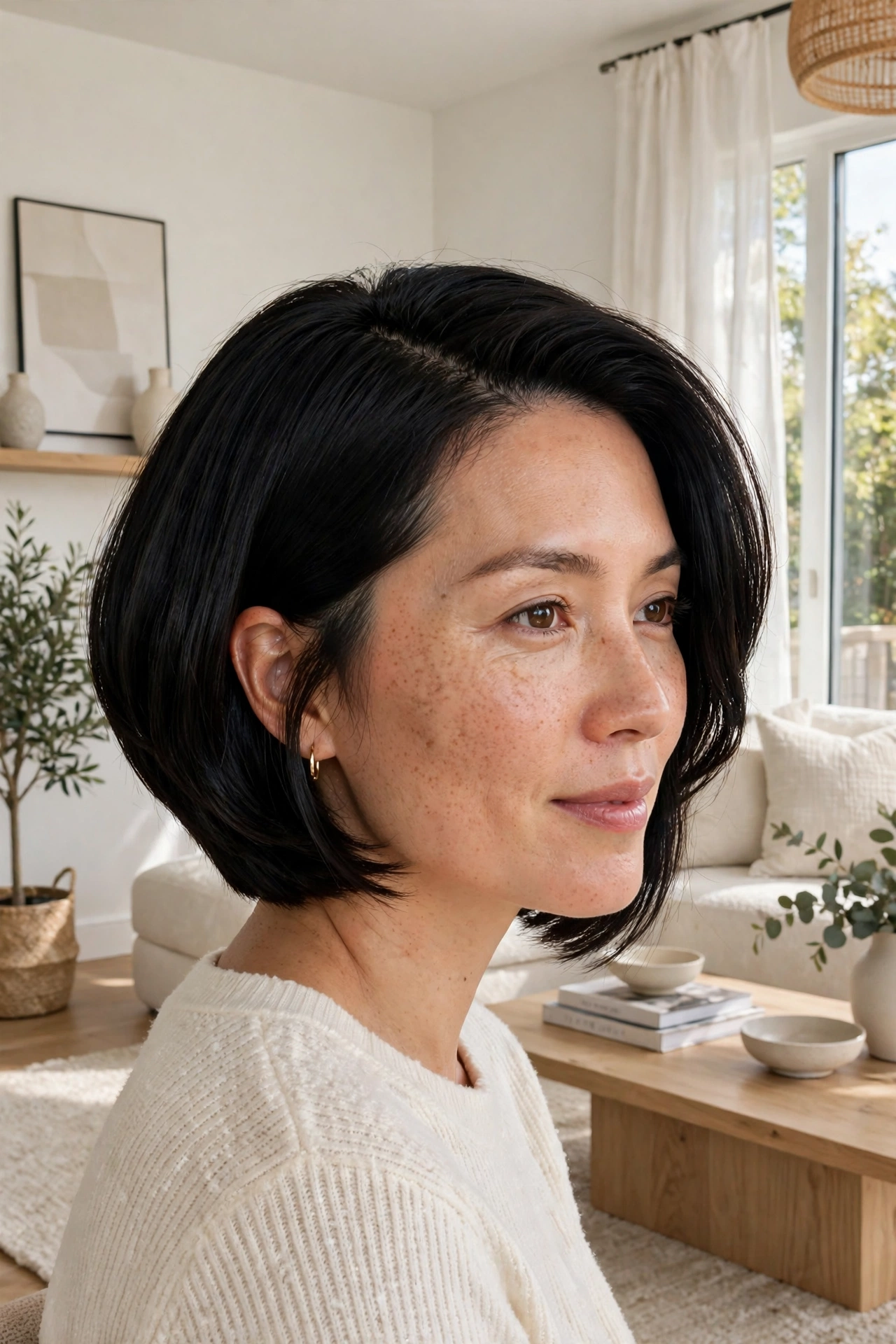 A woman with a stacked bob and a deep side part, black hair with a smooth finish, in a bright modern living room.