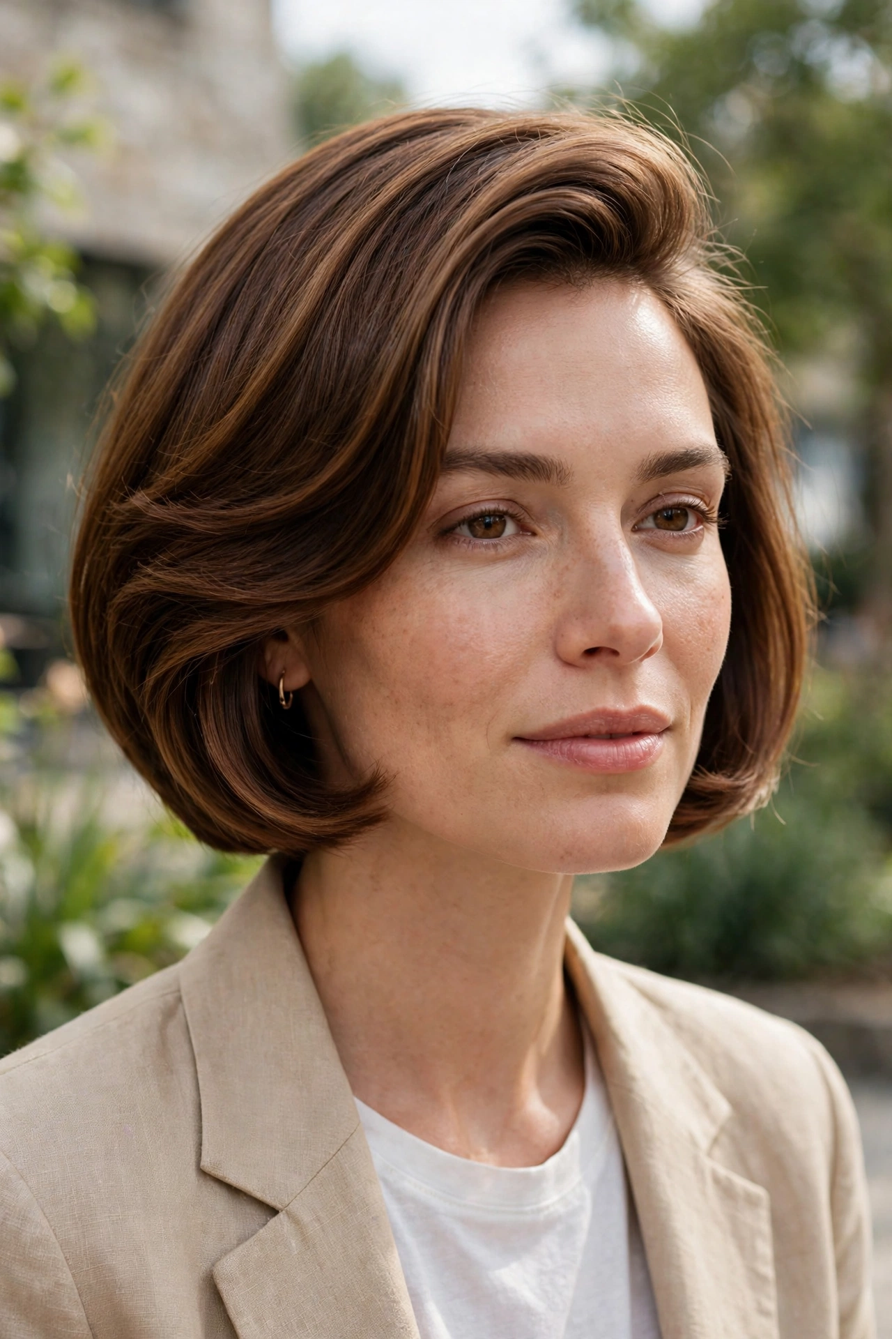 A woman with a stacked bob and a polished blow-dry shape, warm brown hair, outdoors in gentle daylight.
