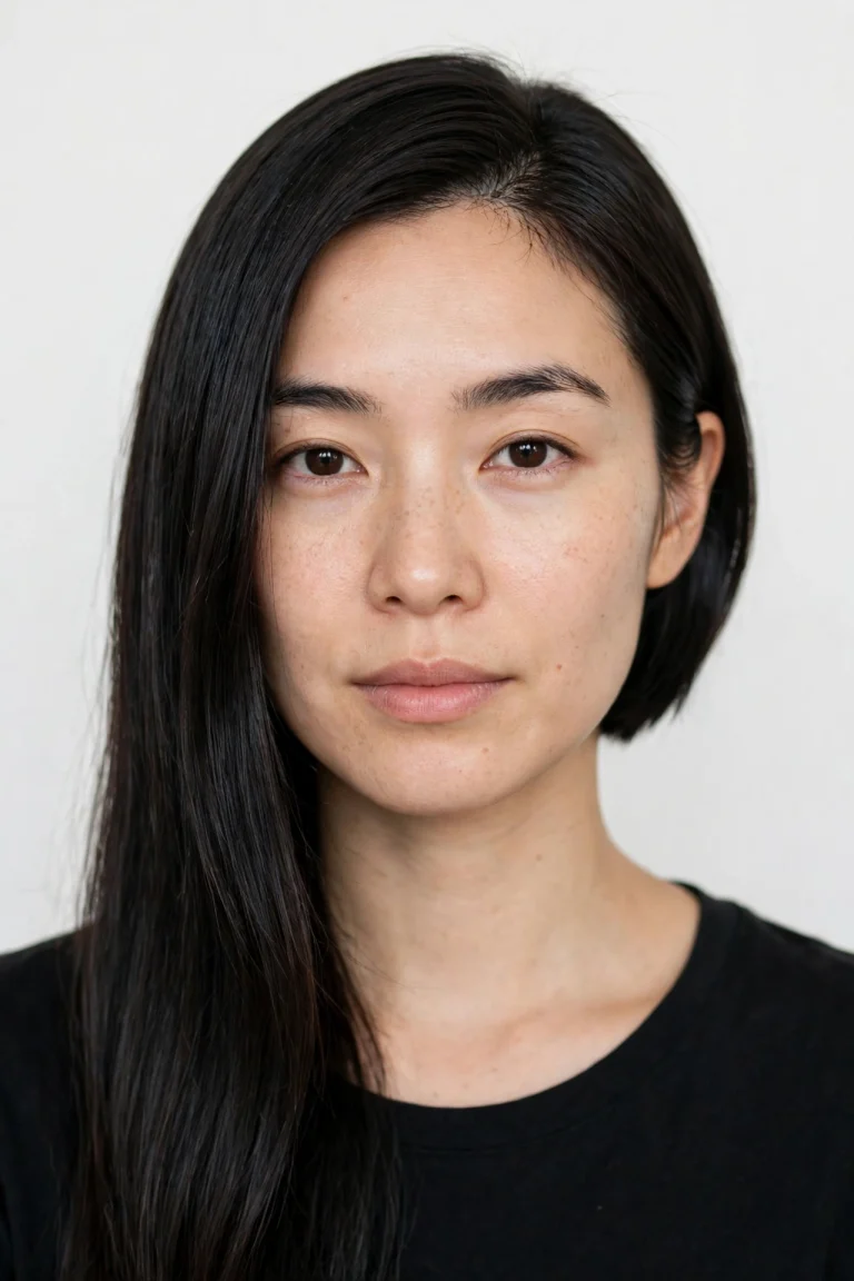 A woman with an asymmetrical bob, one side clearly longer than the other, sleek dark hair, photographed front-facing in a bright studio with a plain background, wearing a black top.