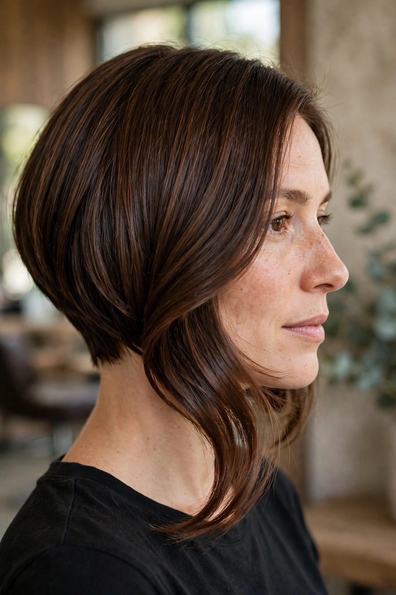 A side view of a woman with an asymmetrical bob showing the long side sweeping past the chin, glossy brown hair, in soft salon light, wearing a black top.