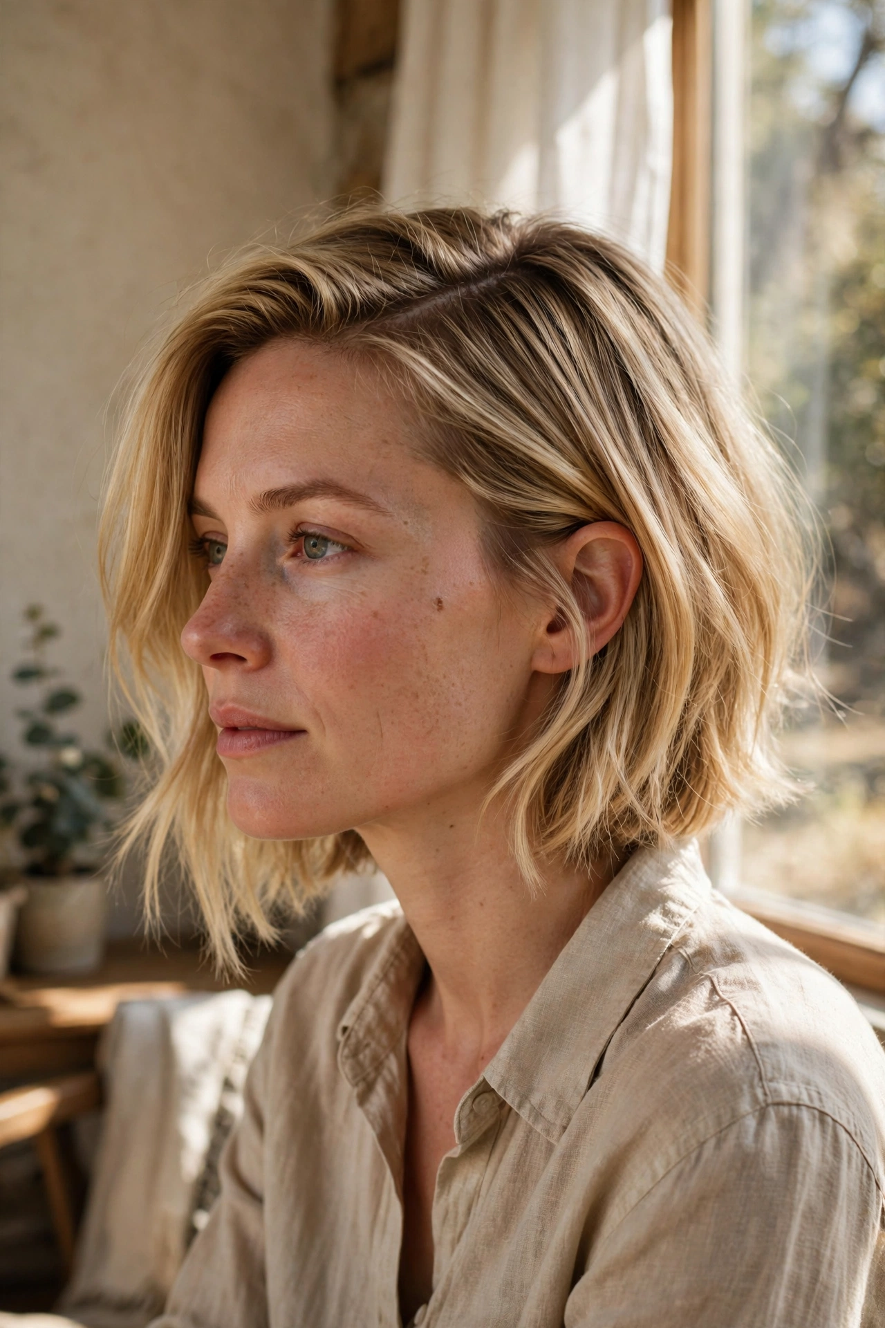A woman with a subtly asymmetrical blonde bob and a deep side part, sitting by a sunny window, wearing a beige linen shirt.