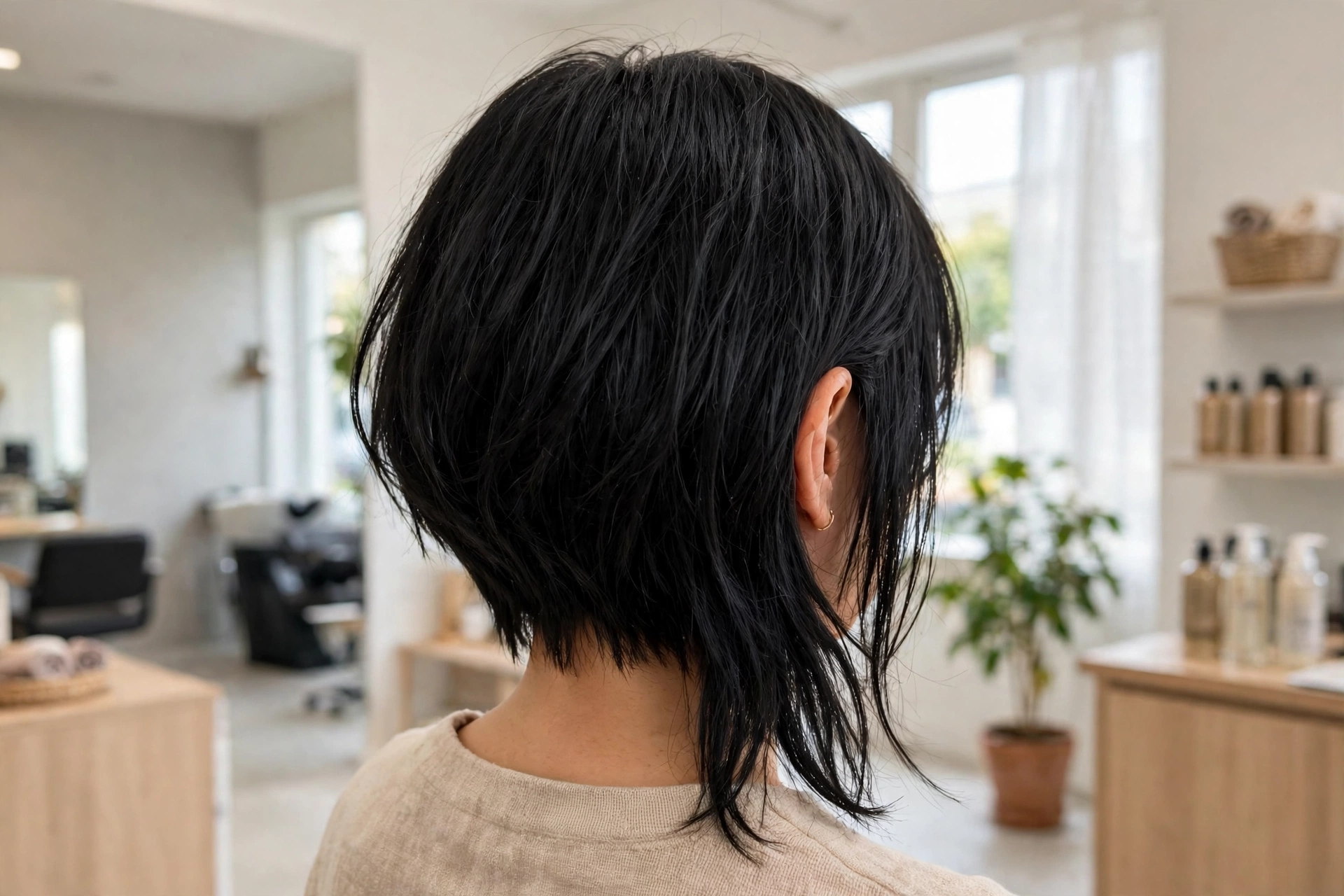 A back view of a woman with an asymmetrical bob showing the uneven outline, black hair, photographed in a bright salon, wearing a small gold hoop earring.