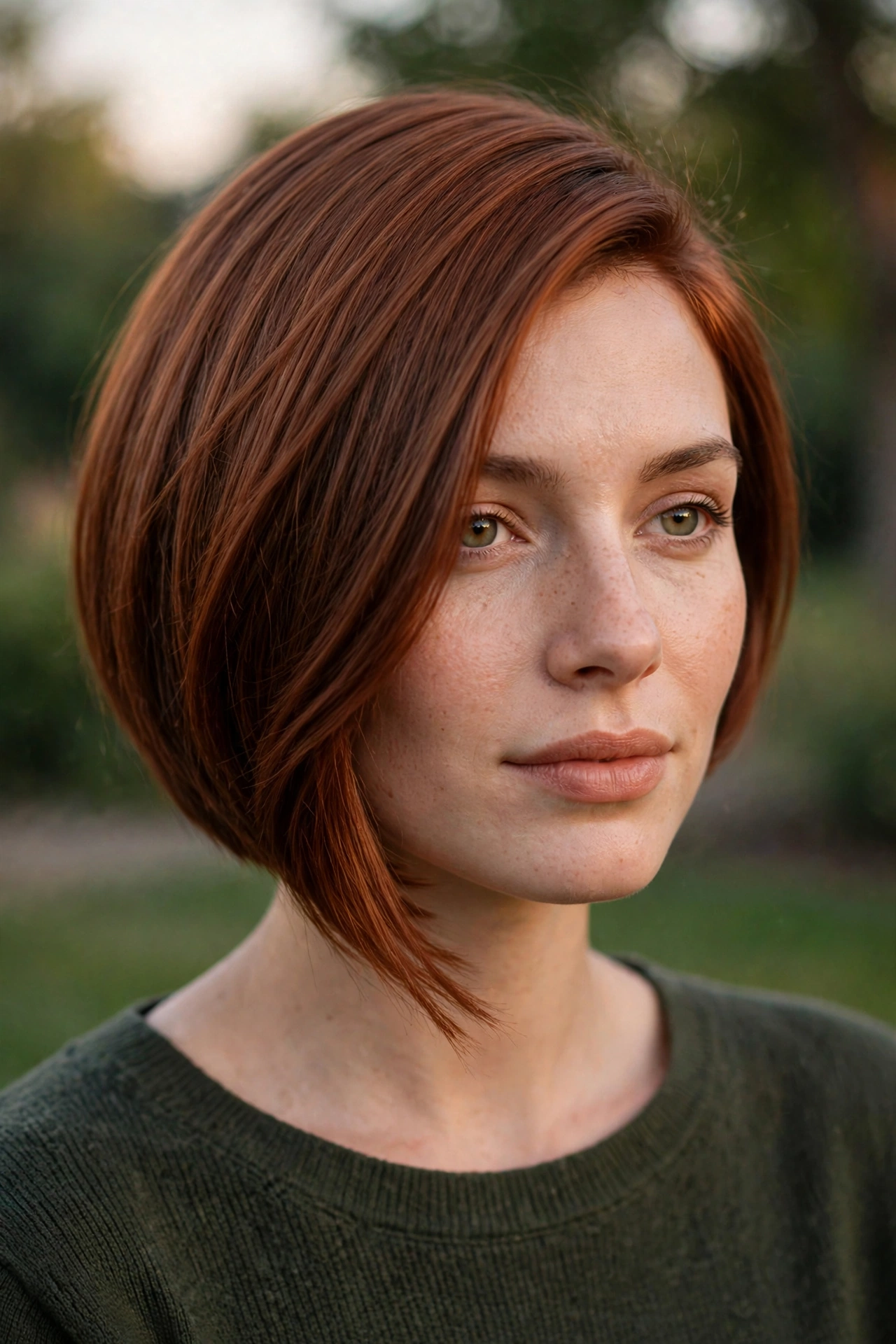 A woman with an asymmetrical auburn/copper bob and a sleek evening finish, outdoors in soft evening daylight, wearing an olive sweater.