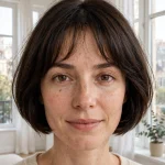 A woman with a short French bob at the jaw and a soft wispy fringe, dark brown hair, photographed front-facing in a bright apartment with white walls and tall windows, wearing a cream sweater.