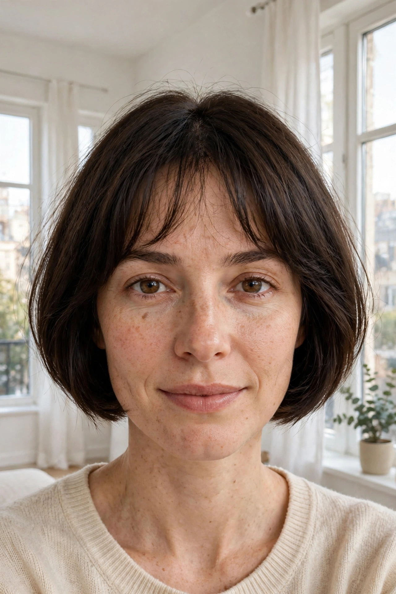 A woman with a short French bob at the jaw and a soft wispy fringe, dark brown hair, photographed front-facing in a bright apartment with white walls and tall windows, wearing a cream sweater.