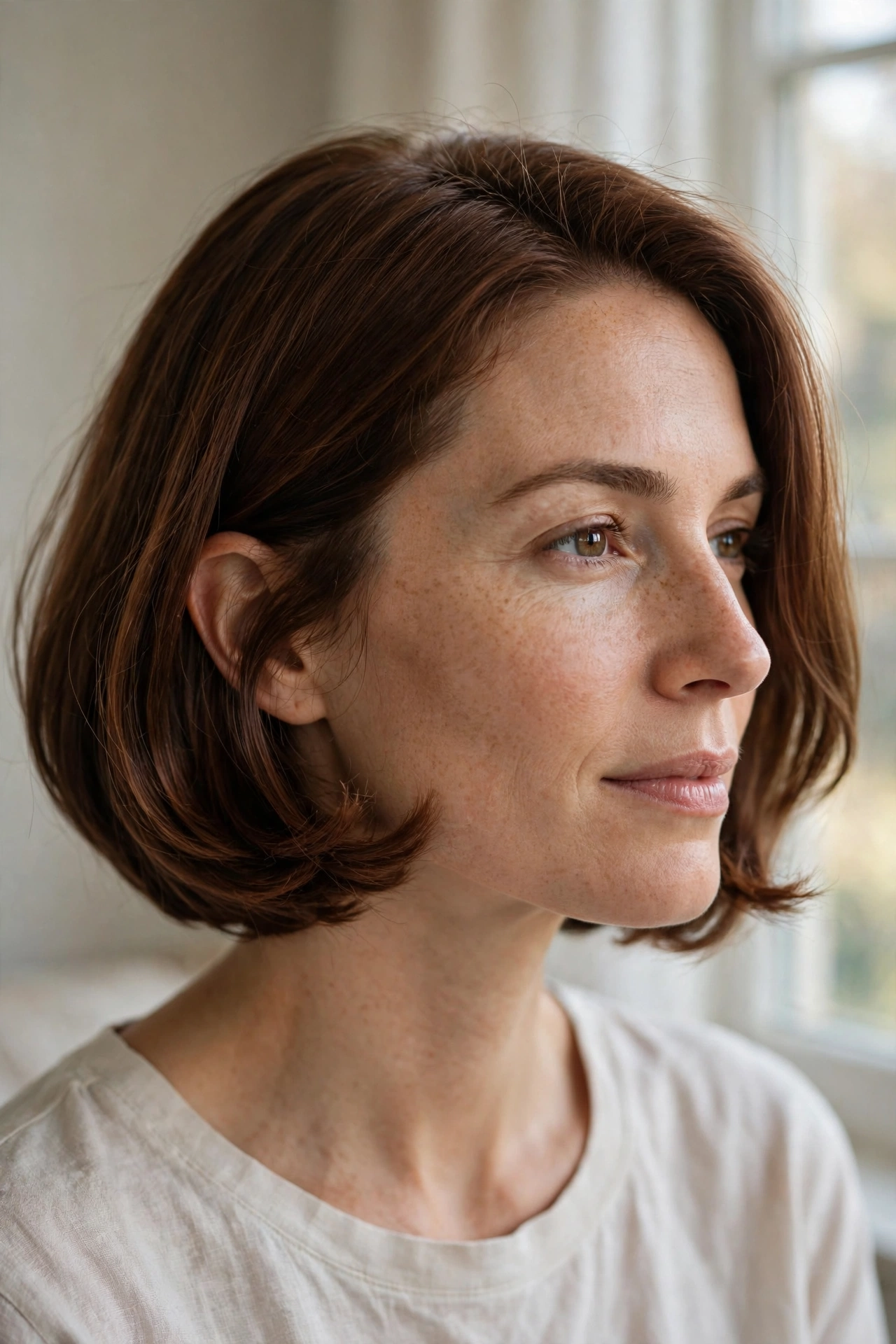 Close-up of a woman with a French bob with tucked-under ends, chestnut hair, in soft daylight by a window, wearing a cream top.