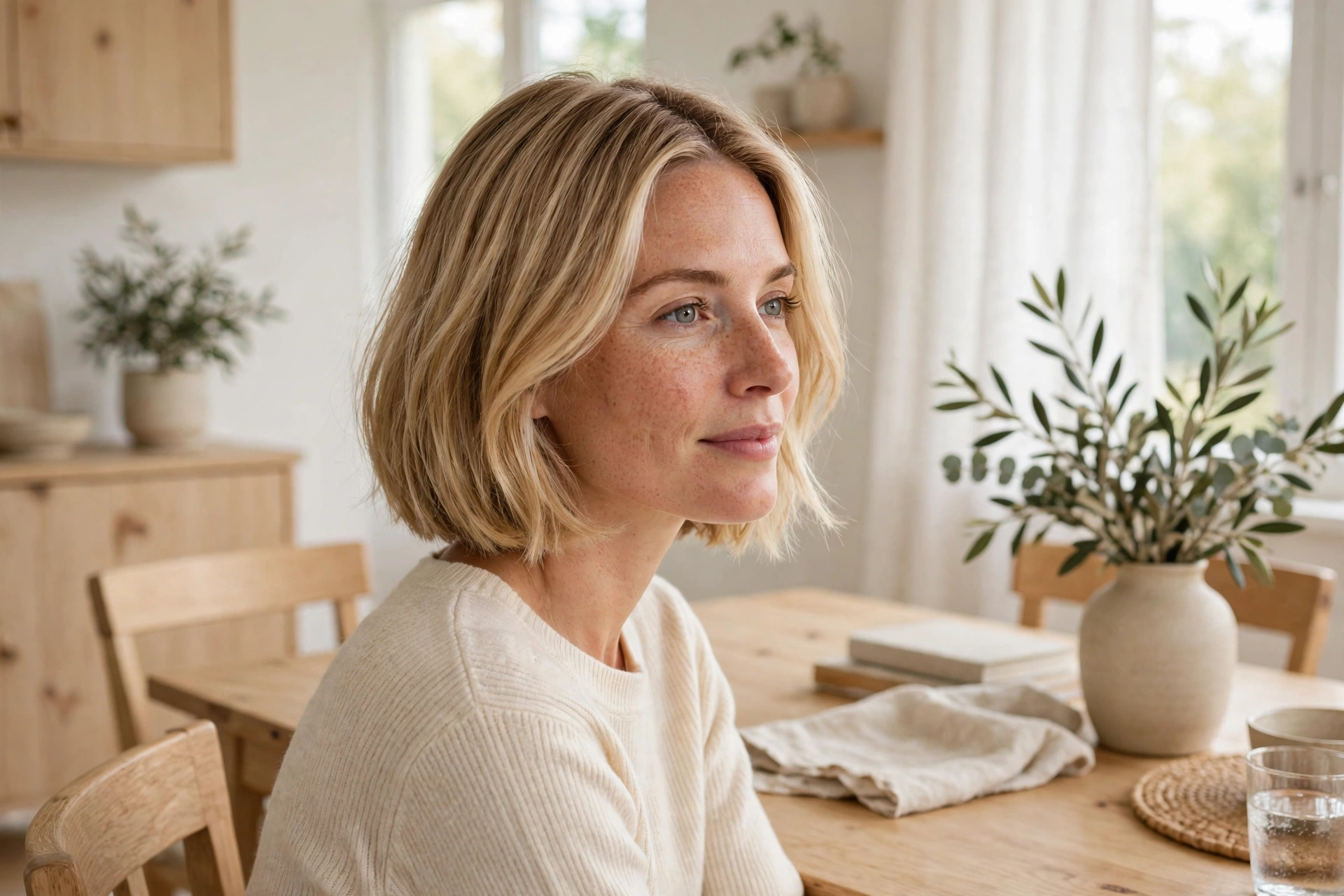 A woman with a French bob and a centre part, blonde hair, sitting in a bright room with light wooden furniture, wearing a cream sweater, plants nearby.