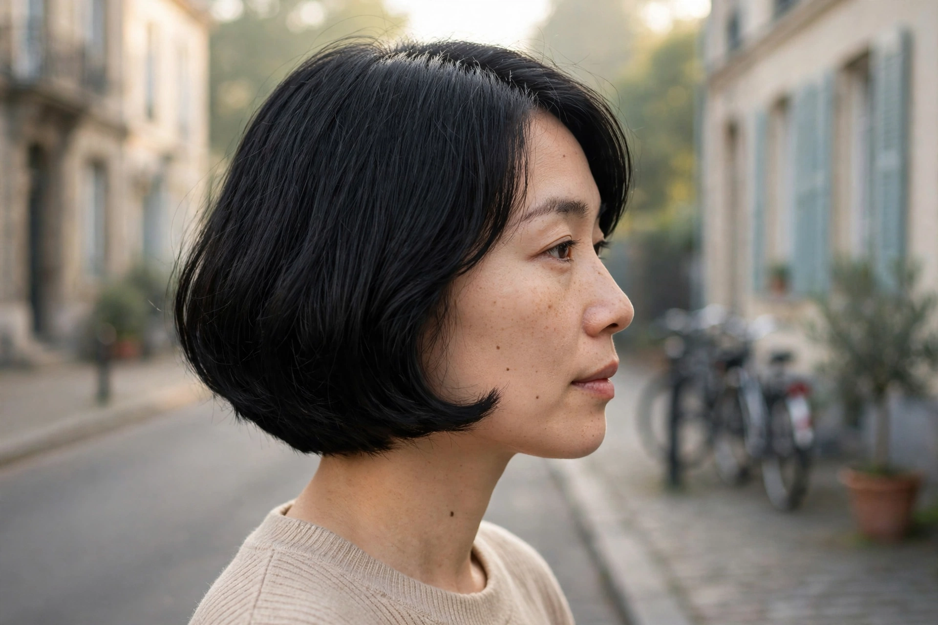 Side view of a woman with a French bob with a rounded silhouette, black hair, outdoors in gentle morning light on a quiet street with bicycles blurred behind.