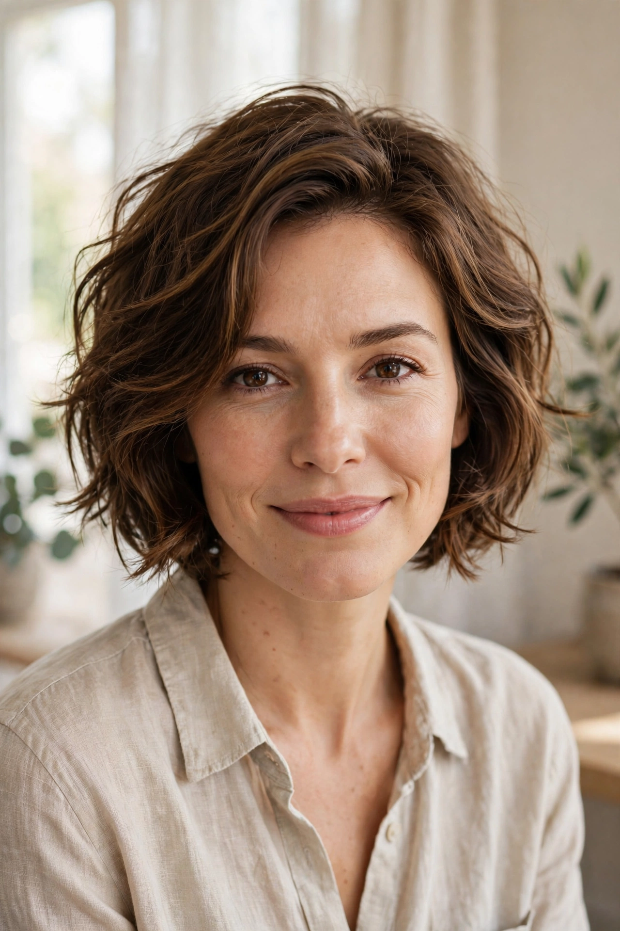 A woman with a French bob and an effortless undone texture, warm brown wavy hair, smiling softly in a bright airy room, wearing a beige linen shirt.