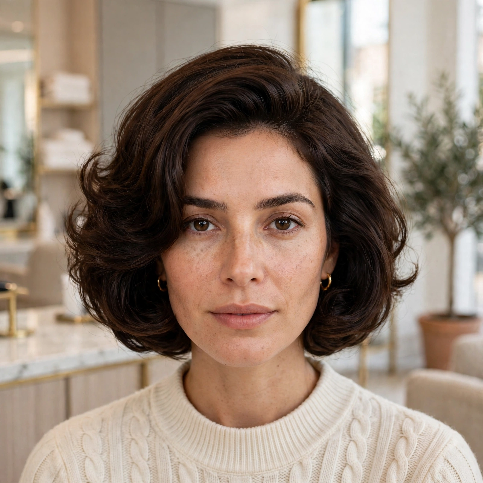 A woman with a voluminous Italian bob with bouncy blow-dry body, rich dark brown hair, wearing a cream cable-knit sweater and small gold hoop earrings, photographed front-facing in a bright elegant salon.