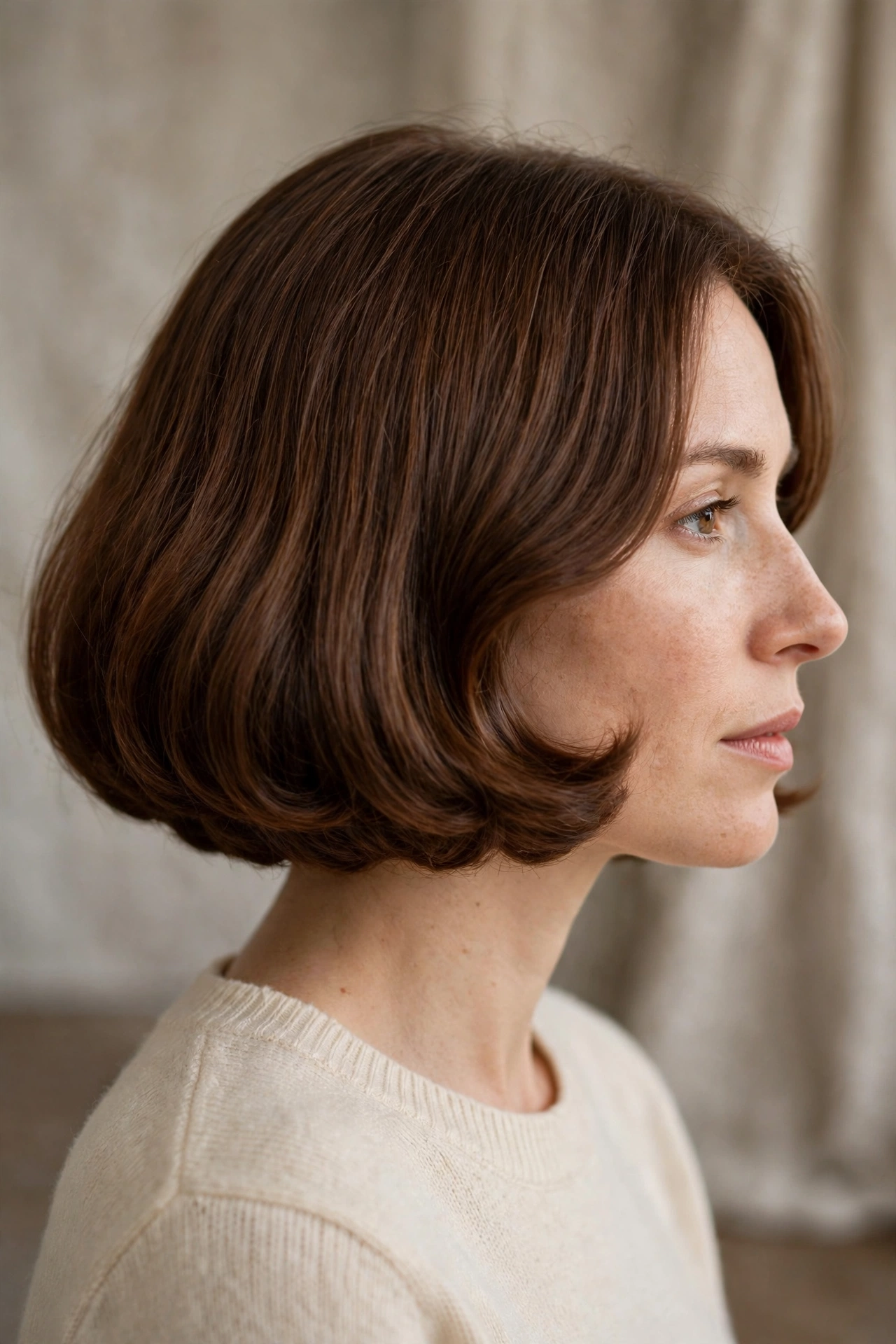 Side view of a woman with an Italian bob showing full, rounded volume through the ends, warm medium chestnut-brown hair, against a neutral curtained backdrop in soft studio light.