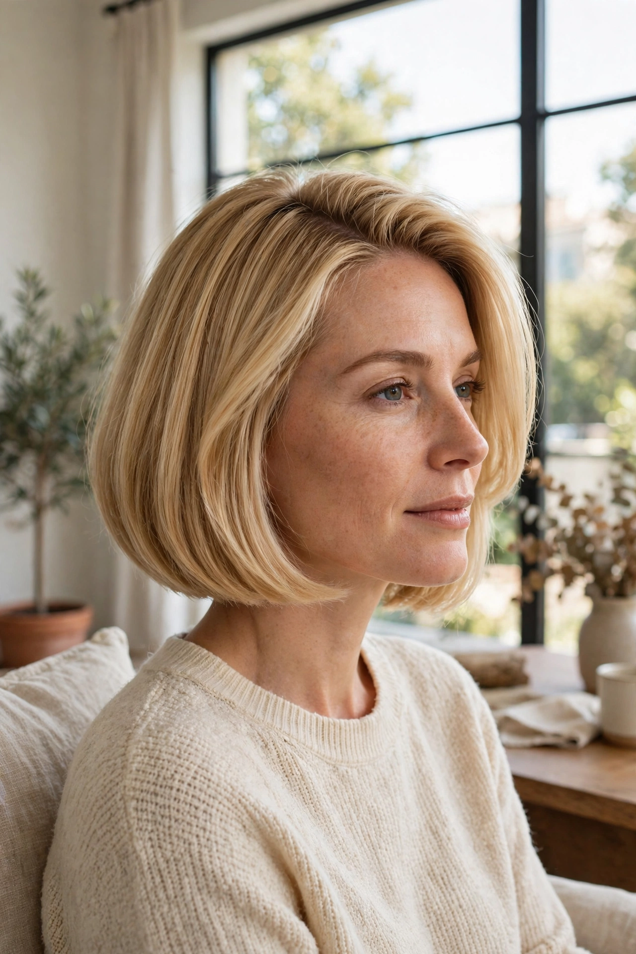 A woman with an Italian bob and a deep side part, blonde hair with glossy volume, sitting by a large bright window.