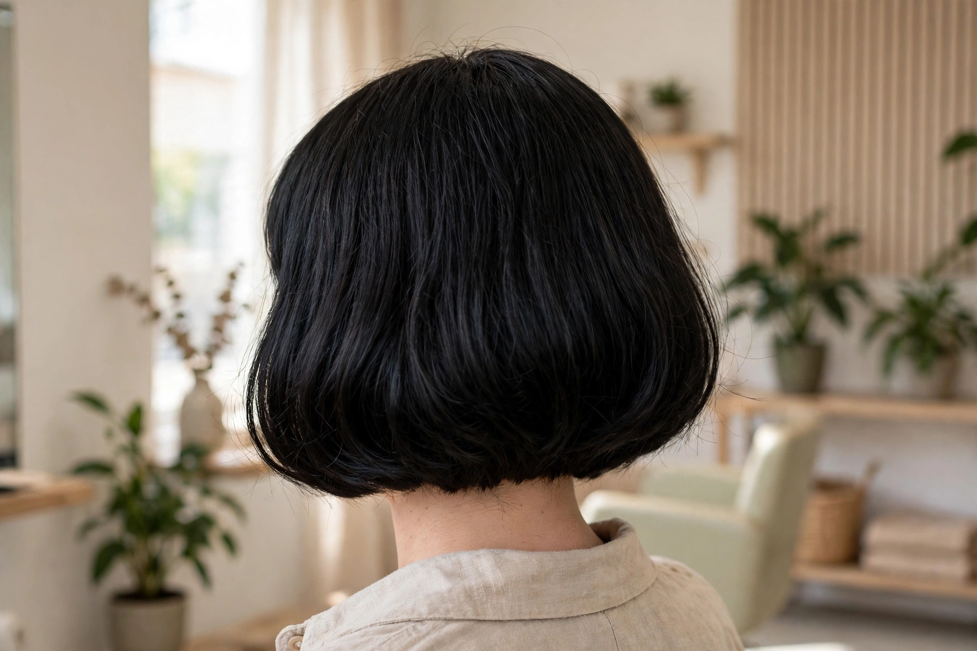 Back view of a woman with a full Italian bob silhouette, black hair, photographed in a bright salon with neutral walls.