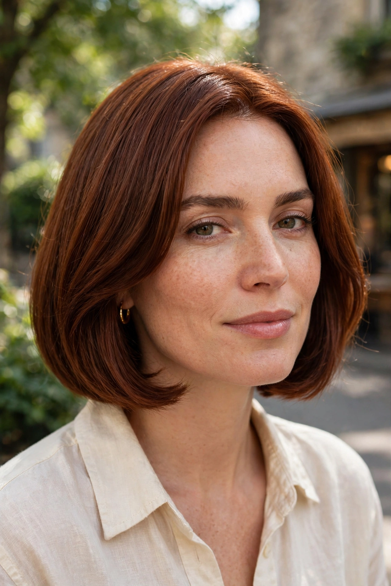 A woman with an Italian bob and a glossy salon blowout finish, auburn hair, outdoors in soft daylight, wearing gold hoop earrings.