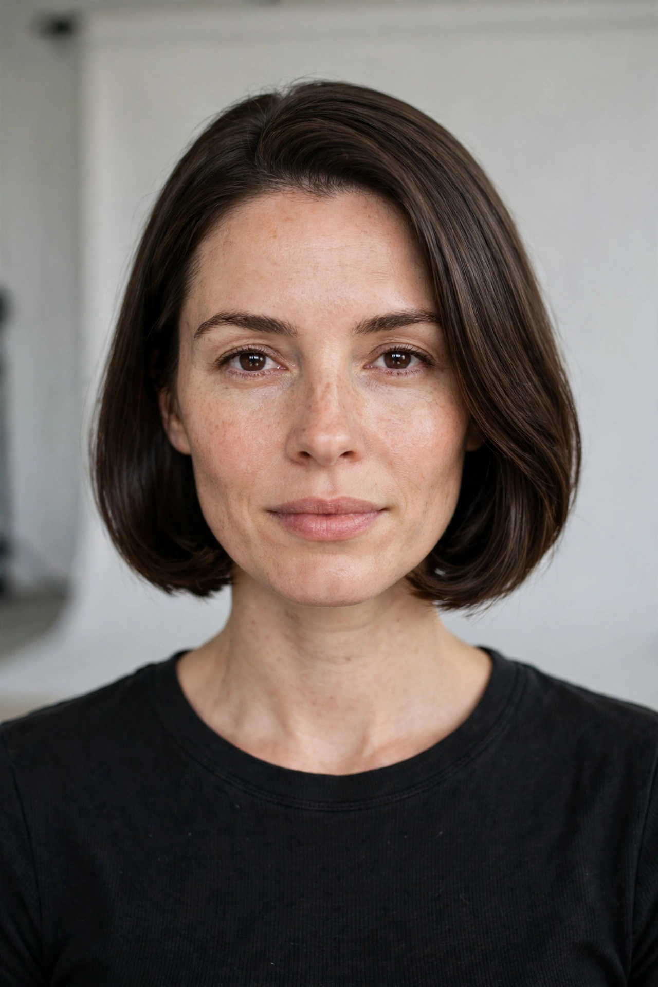 A woman with a crisp chin-length bob with tucked-under ends, smooth dark brown hair, wearing a black top and gold hoop earrings, photographed front-facing in a bright studio.