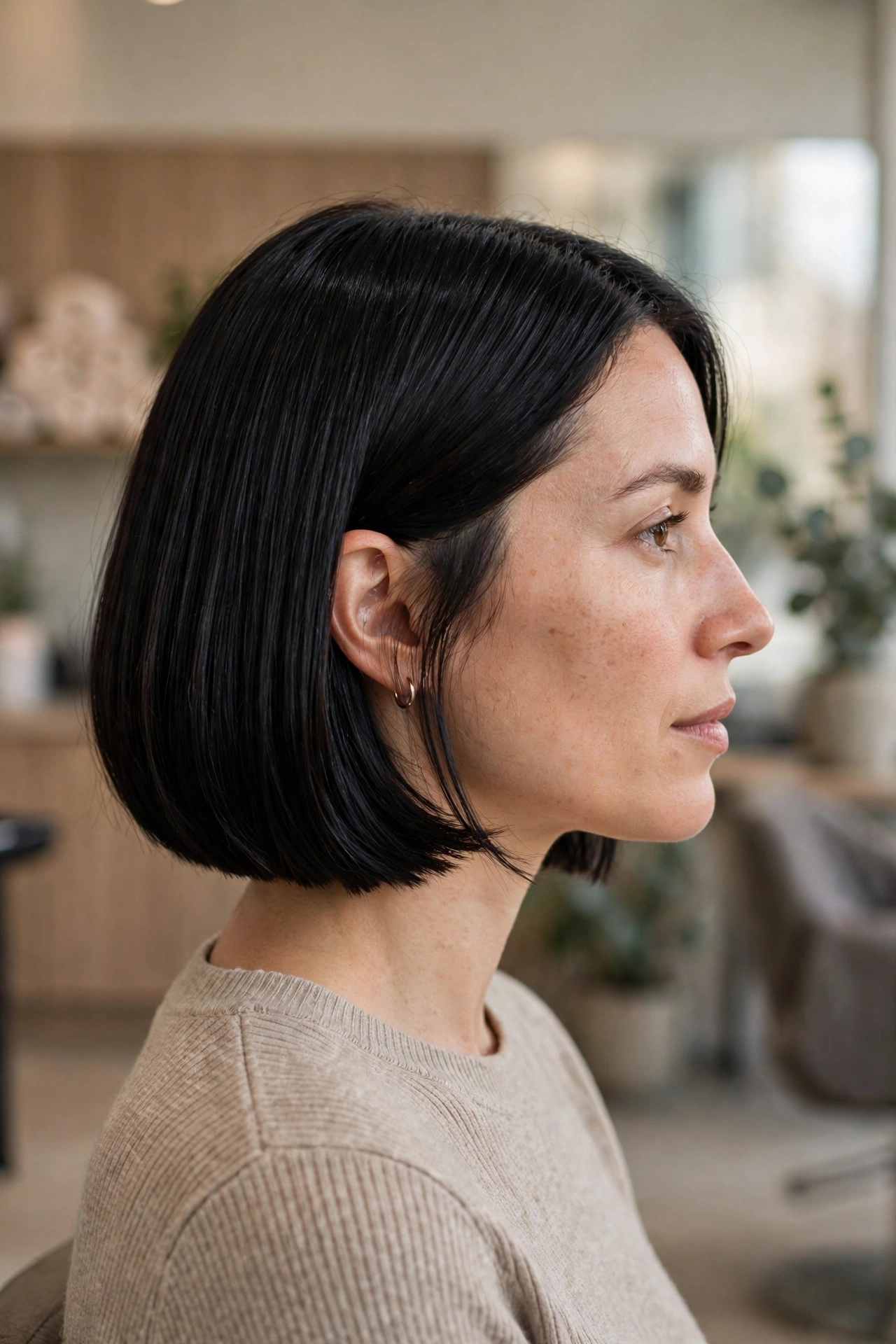 Side view of a woman with a chin-length bob and a blunt straight edge, glossy black hair, in soft salon lighting, wearing gold hoop earrings.