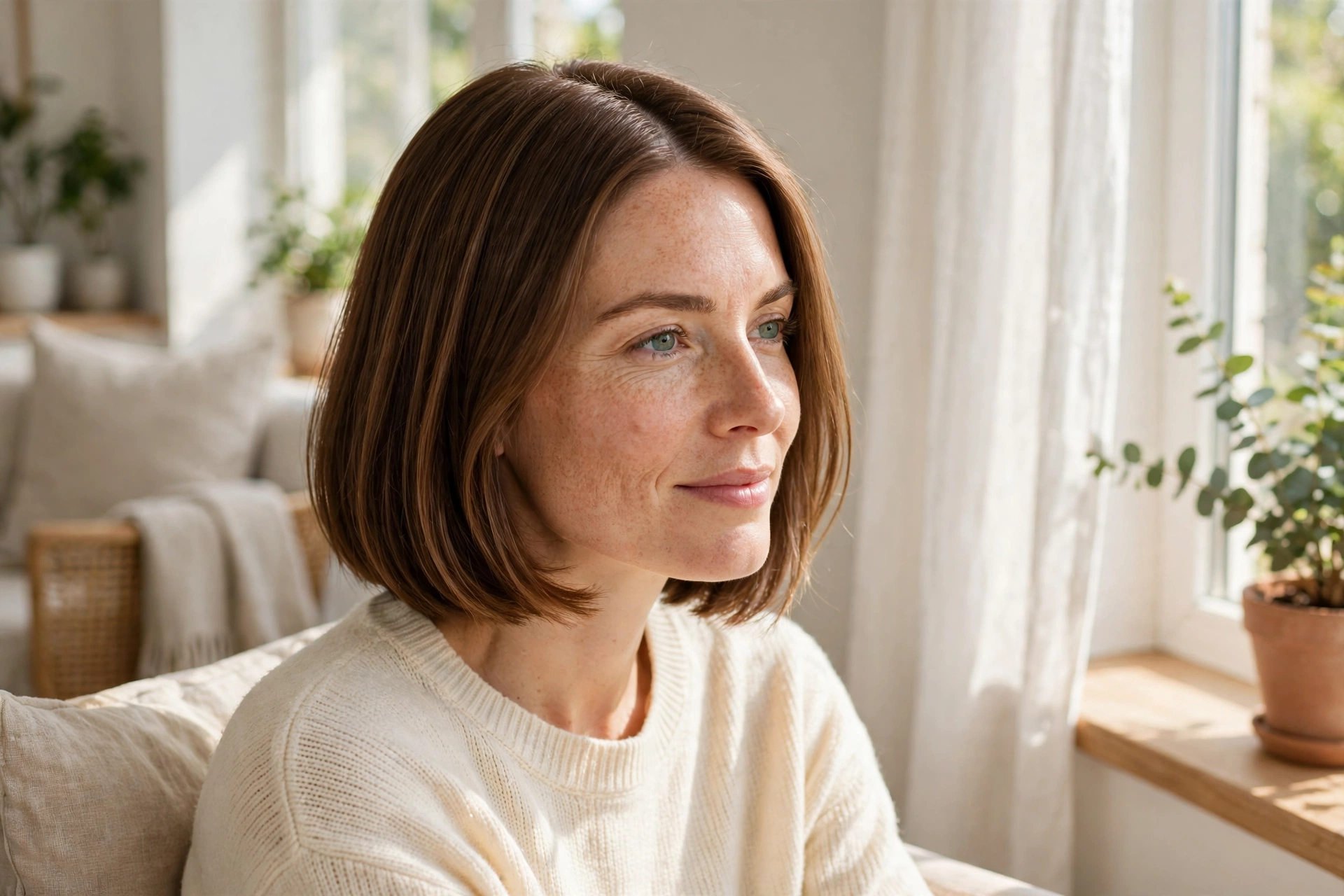 A woman with a chin-length bob and a centre part, warm brown hair, sitting by a sunny window in a bright room.