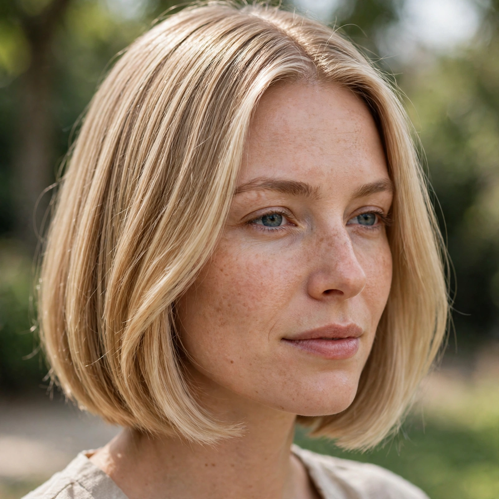 Close-up of a woman with a chin-length bob and a sleek glass finish, blonde hair, outdoors in soft daylight with greenery in the background.