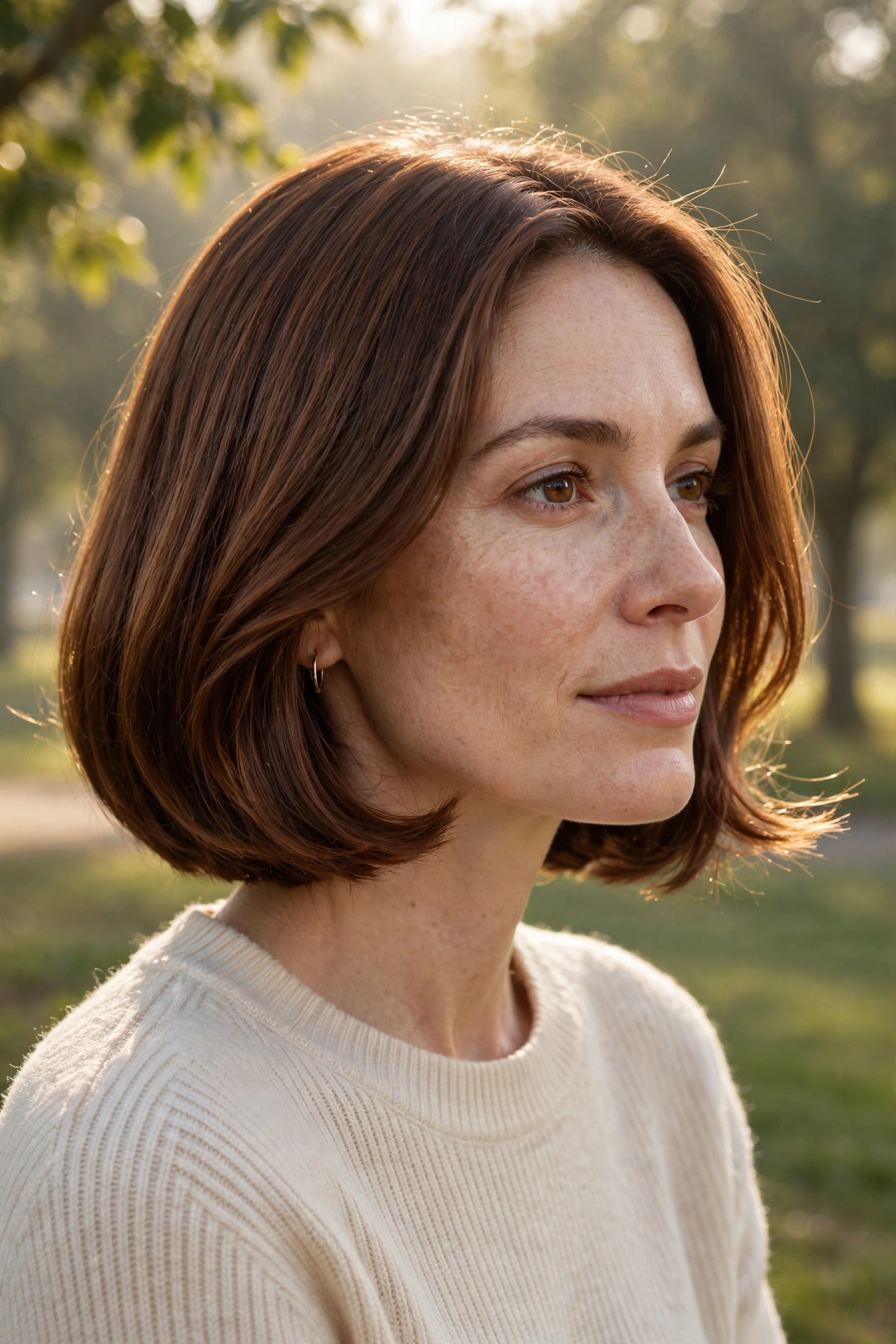 A woman with a chin-length bob and a polished blow-dry shape, chestnut hair, outdoors in gentle morning light.