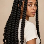 A woman with long, thick jumbo box braids worn loose down her back, photographed from a three-quarter angle in a bright studio with a warm neutral background, the bold volume and neat parts clearly visible.