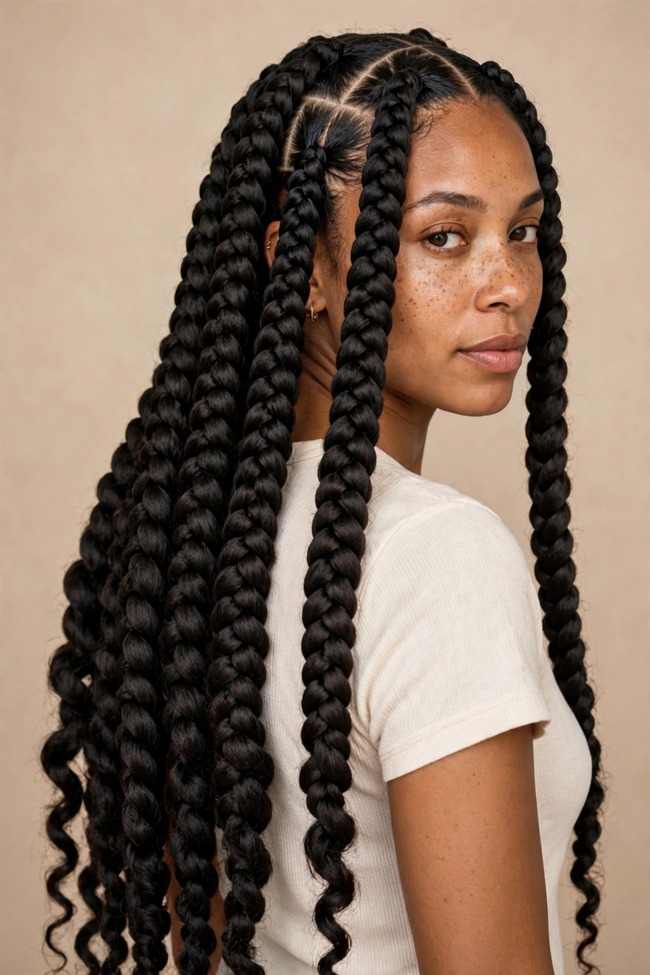 A woman with long, thick jumbo box braids worn loose down her back, photographed from a three-quarter angle in a bright studio with a warm neutral background, the bold volume and neat parts clearly visible.