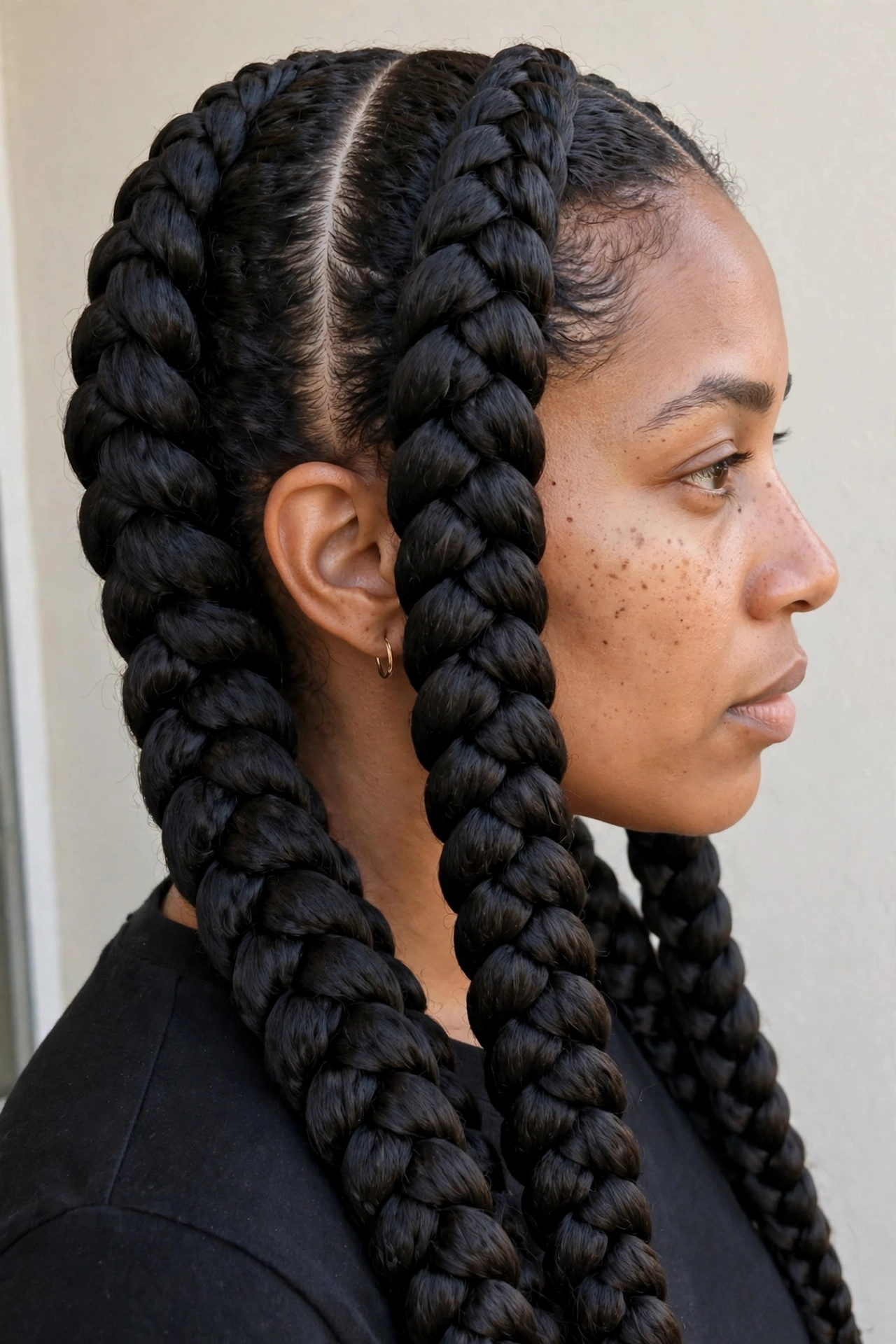Close-up side view of a woman with center-parted jumbo box braids with blunt ends, photographed in soft daylight against a plain light wall, showing the thickness and clean parting of each plait.