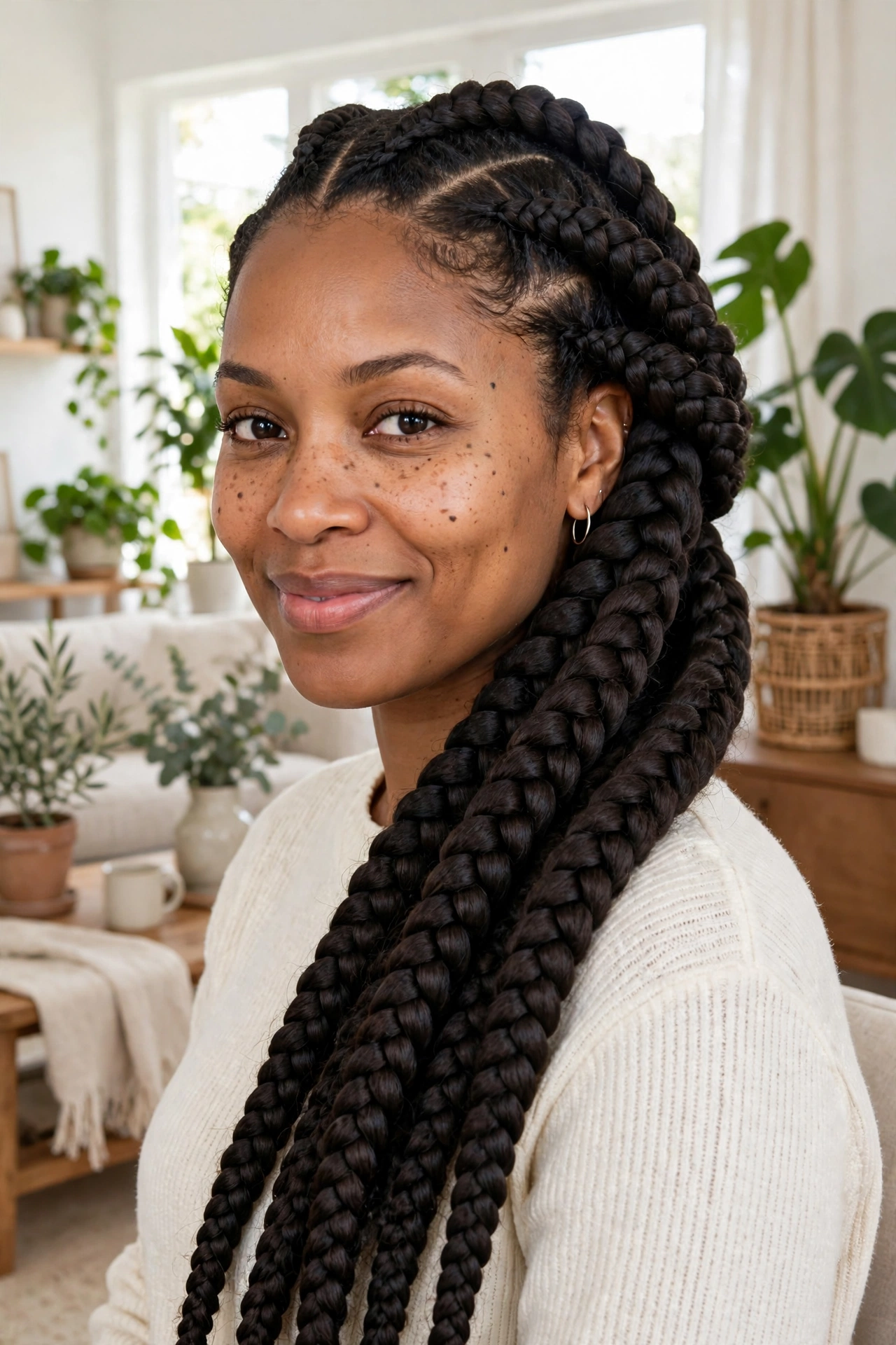 A woman with deep side-parted jumbo box braids swept over one shoulder, smiling gently in a bright modern living room with plants in the background.