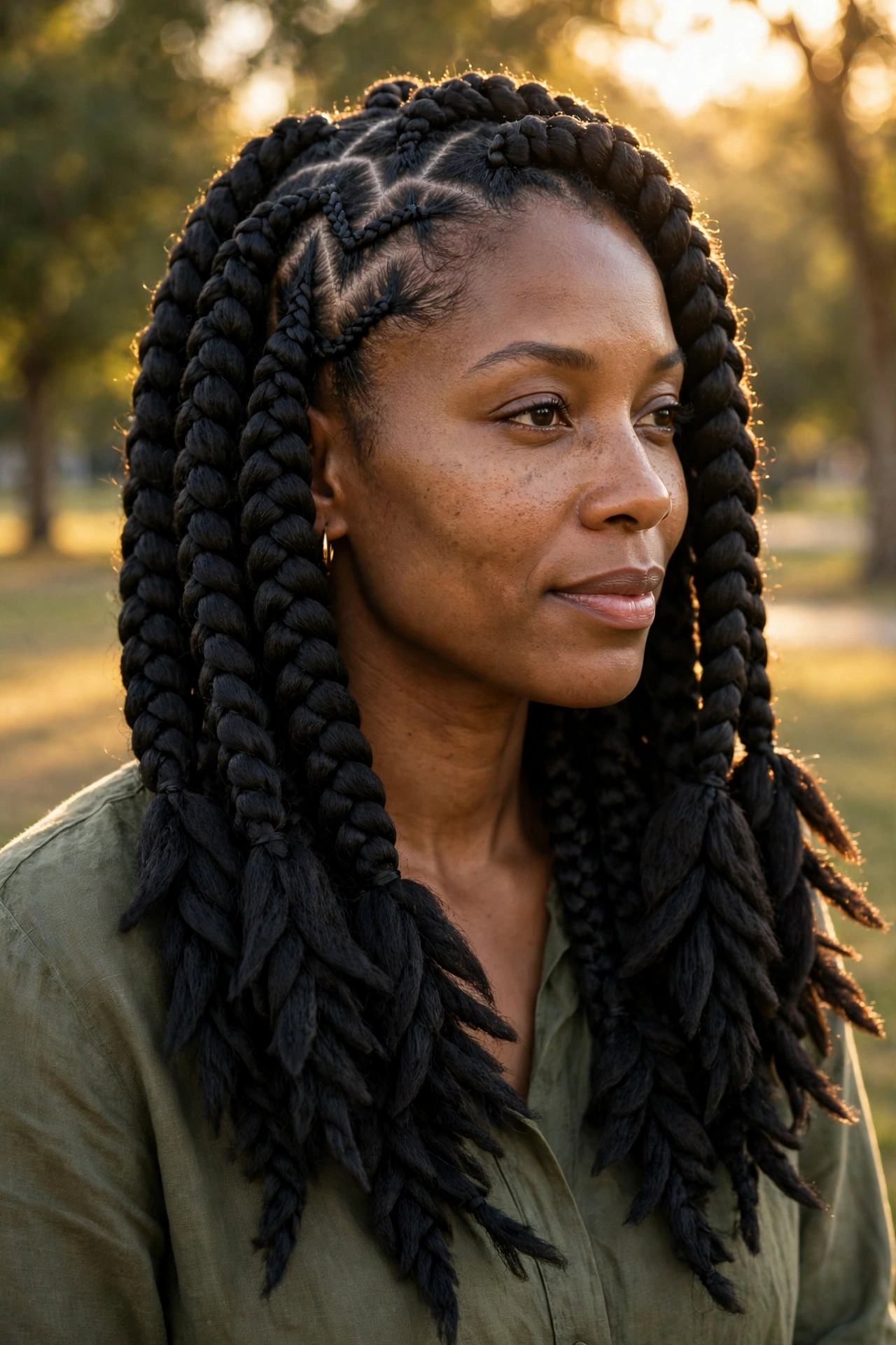 A woman with zigzag-parted jumbo box braids with layered ends, photographed outdoors in golden afternoon light in a park with softly blurred trees behind her.