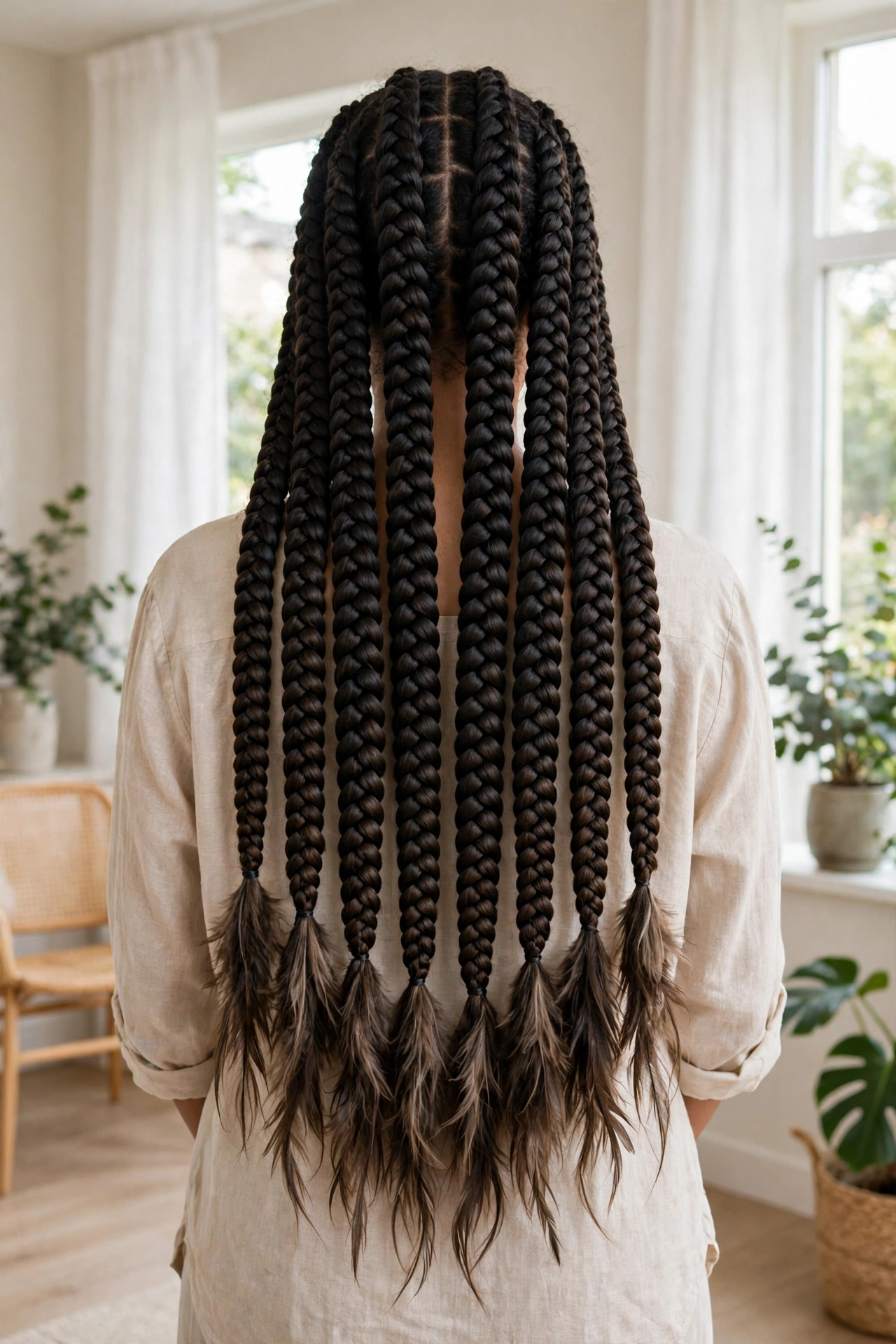 Back view of a woman with long jumbo box braids with feathered ends, standing in a bright airy room, showing how the thick plaits fall evenly down the back.