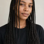 A woman with fine, neat small box braids worn loose past her shoulders, photographed in a bright studio with a soft neutral background, the delicate plait detail clearly visible.