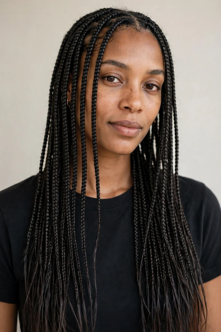 A woman with fine, neat small box braids worn loose past her shoulders, photographed in a bright studio with a soft neutral background, the delicate plait detail clearly visible.