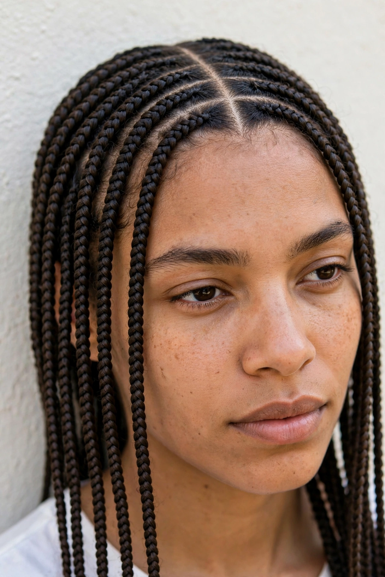 Close-up of small box braids with a clean center part, photographed in natural daylight against a plain wall, showing the fine, even size of each plait.