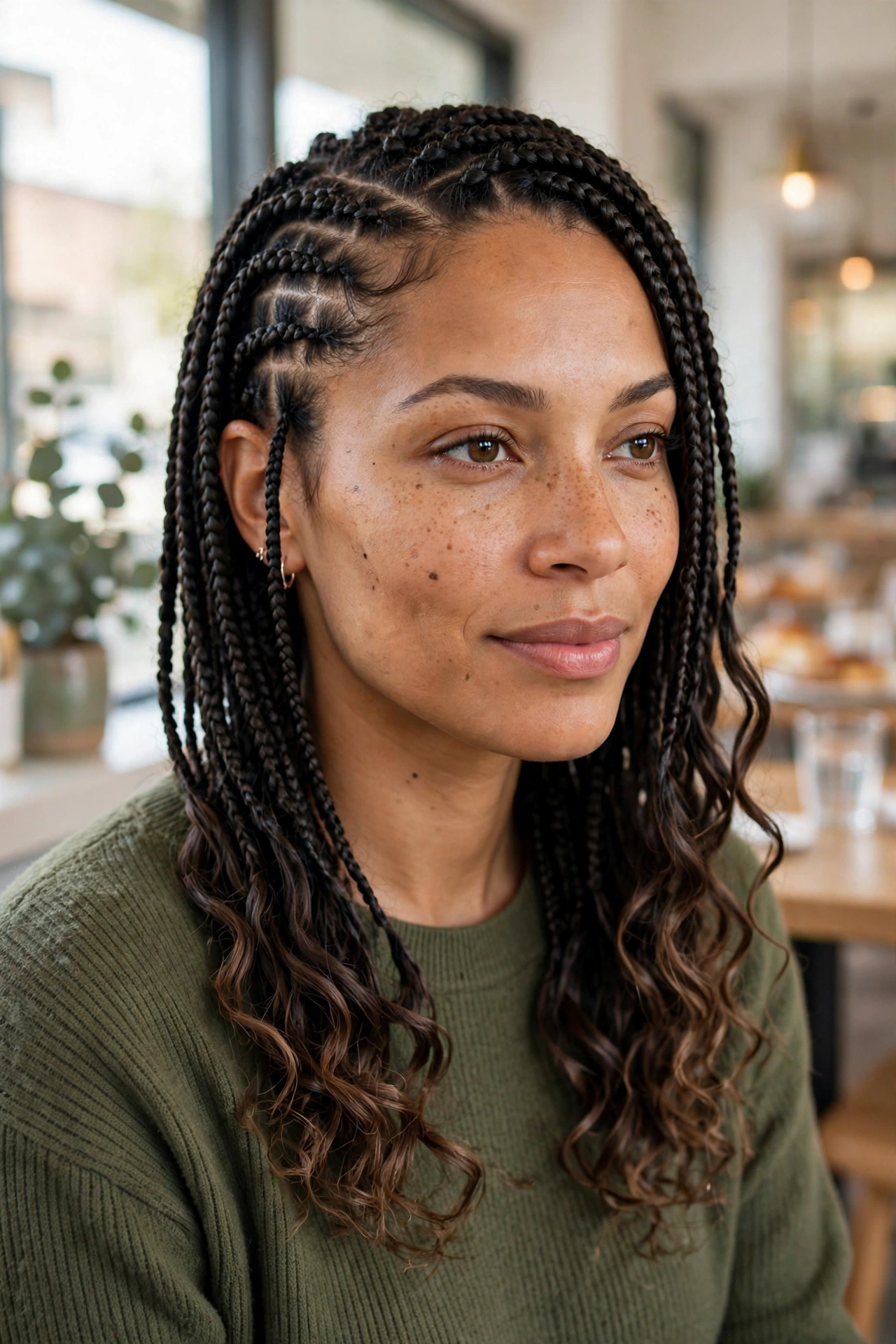 A woman with side-parted small box braids with wavy ends, photographed in a bright cafe setting with soft window light.