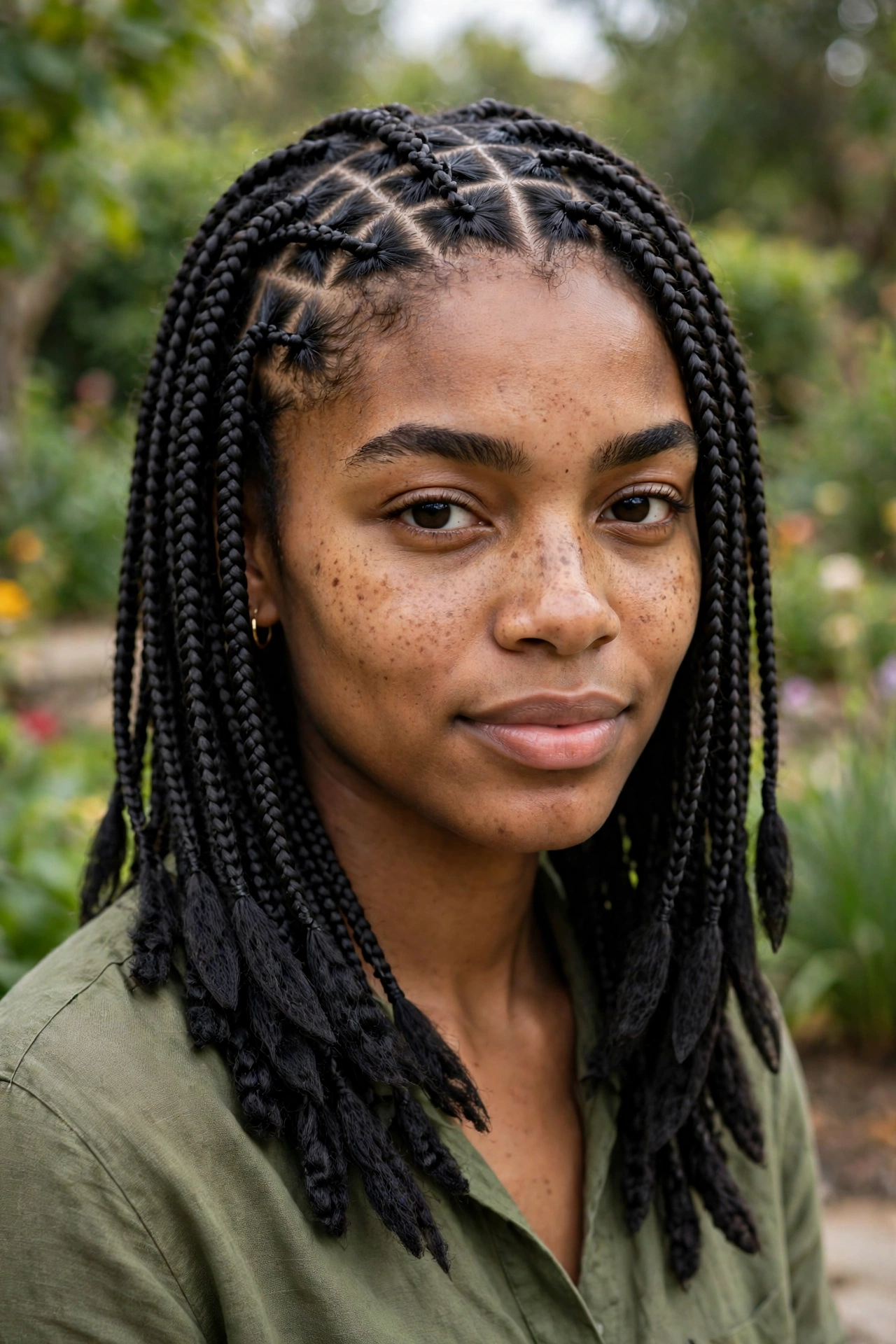 A woman with triangle-parted small box braids with layered ends, photographed outdoors in a garden with blurred greenery behind her.