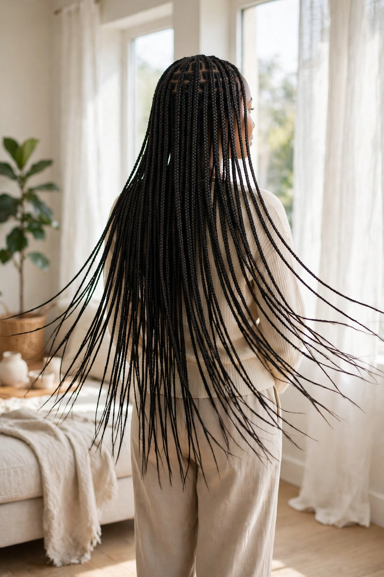 Back view of a woman with long small box braids with straight ends, standing in a bright room, showing the full, hair-like movement of the fine plaits.