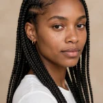 A woman with medium knotless braids worn loose down her back, photographed in a bright studio with a warm neutral background, the smooth, knot-free roots clearly visible at the hairline.