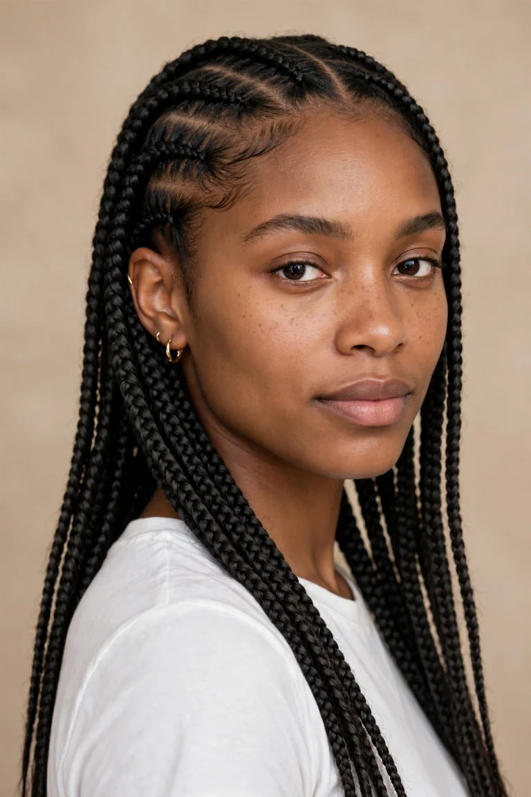 A woman with medium knotless braids worn loose down her back, photographed in a bright studio with a warm neutral background, the smooth, knot-free roots clearly visible at the hairline.