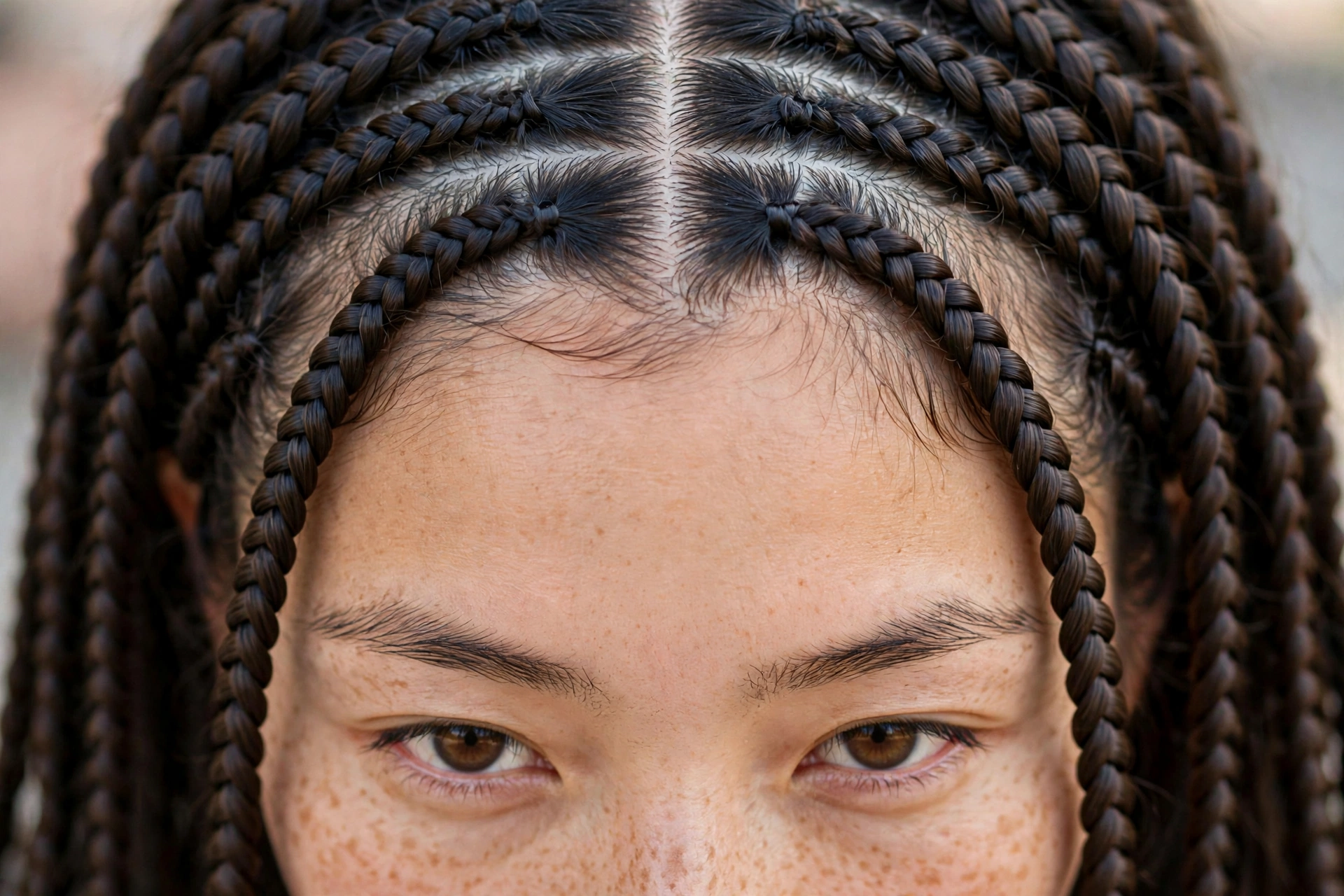 Close-up of the hairline of a woman with center-parted medium knotless braids, photographed in soft daylight, showing the natural feed-in root finish.