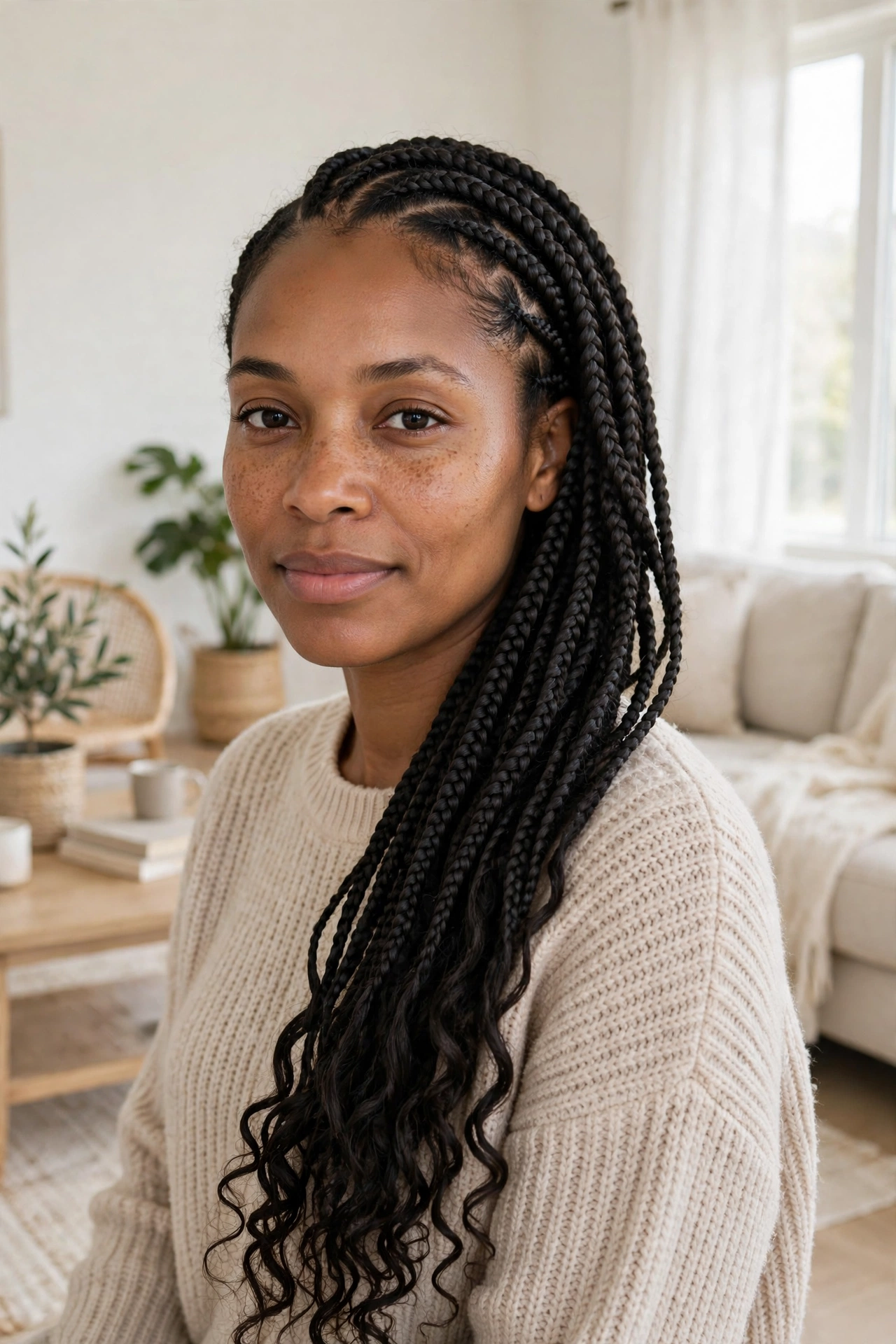 A woman with side-parted medium knotless braids draped over one shoulder, photographed in a bright living room with light furniture, with wavy ends.