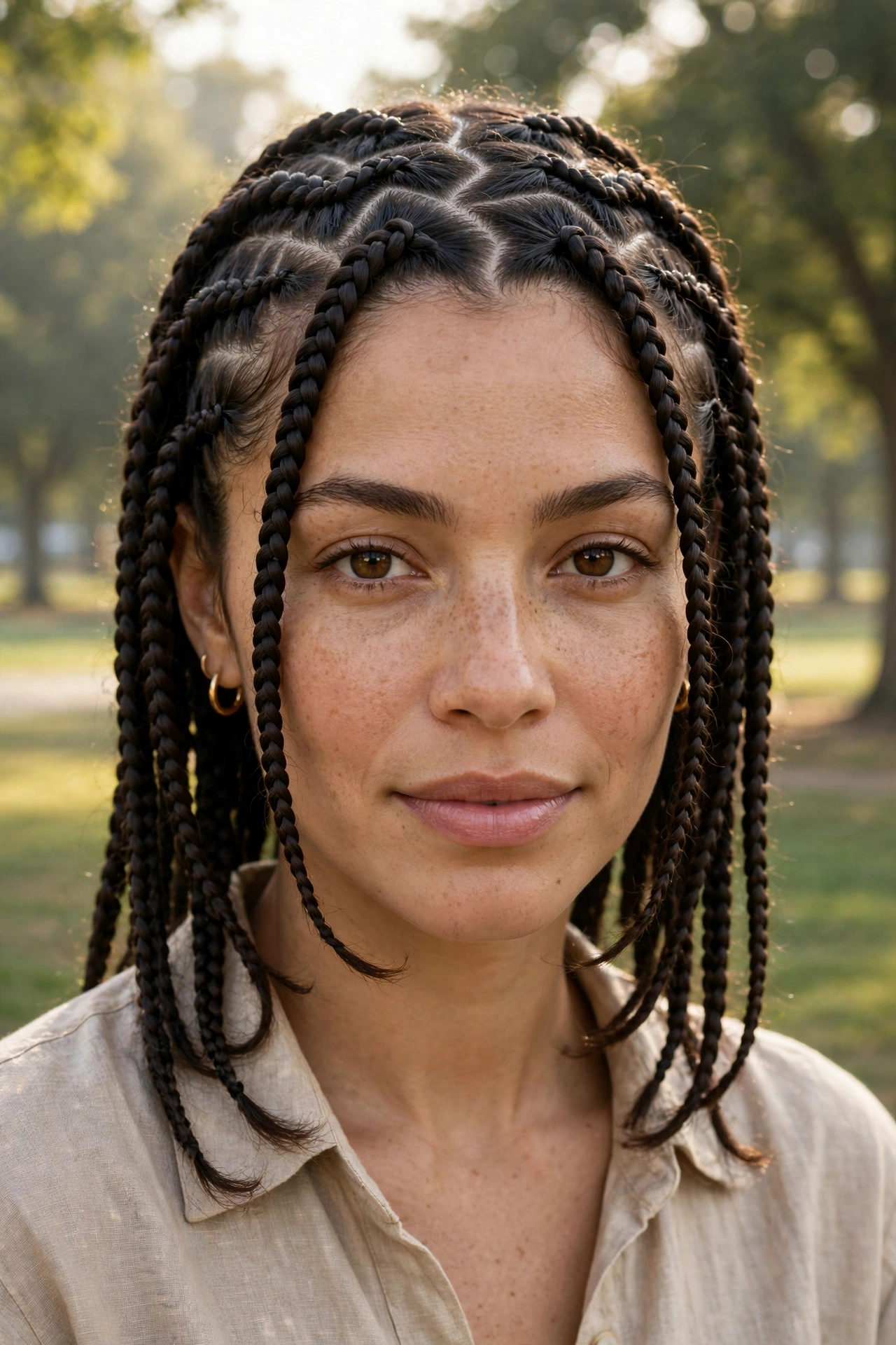 A woman with zigzag-parted medium knotless braids with face-framing layers, photographed outdoors in gentle morning light in a park.