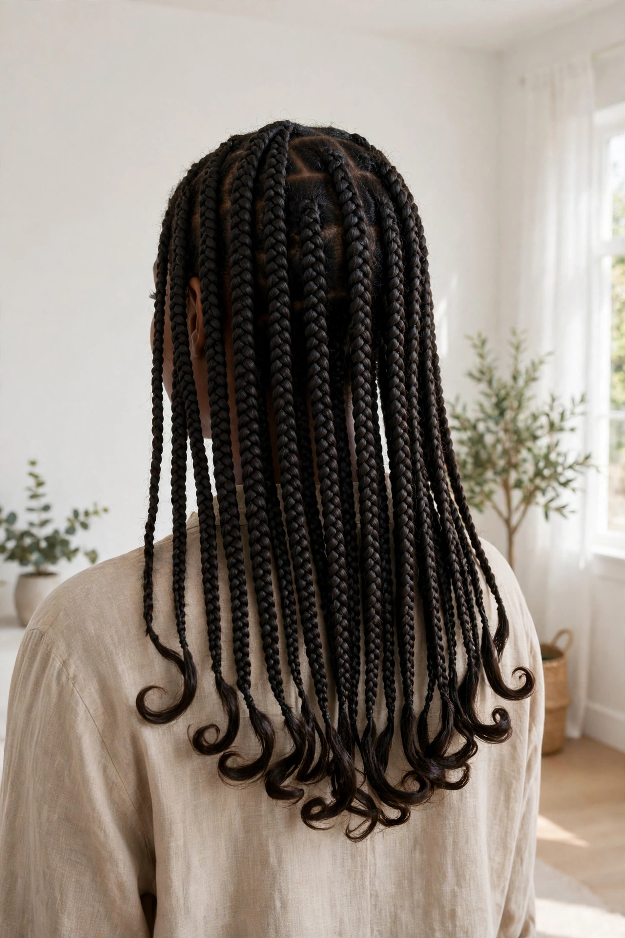 Back view of a woman with medium knotless braids with soft flipped ends, standing in an airy room with white walls, showing the even, relaxed fall of the plaits.