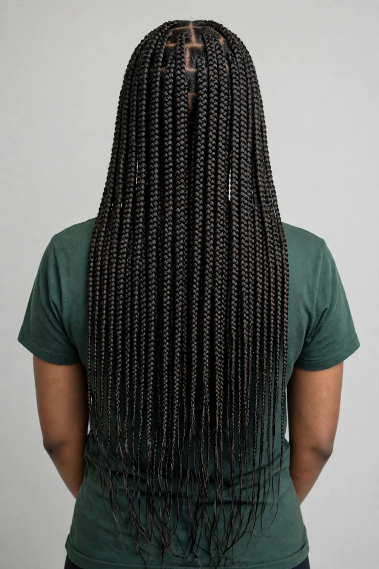 A woman with waist-length box braids flowing down her back, photographed from behind in a bright studio with a neutral background, showing the dramatic full length of the plaits.