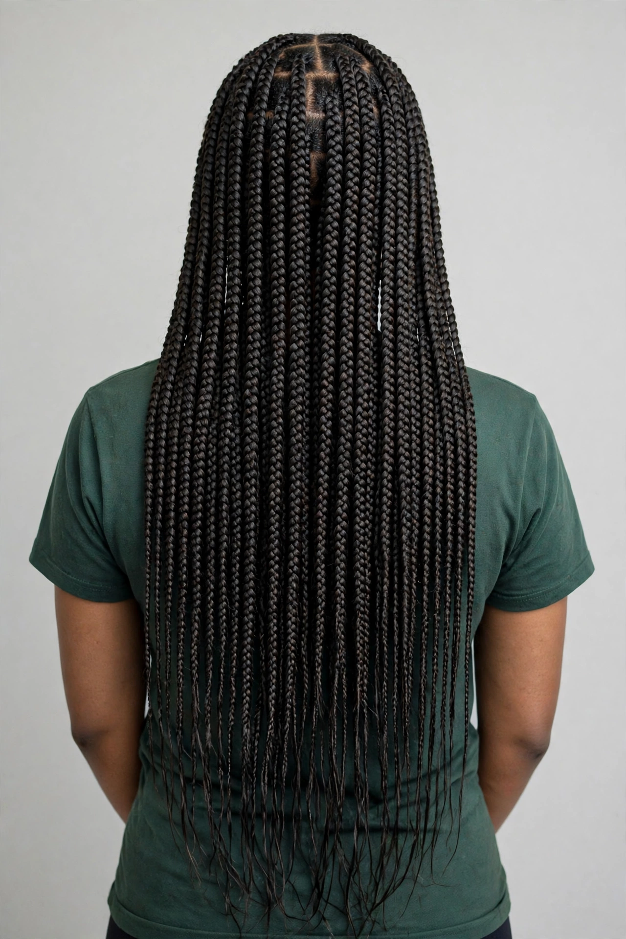 A woman with waist-length box braids flowing down her back, photographed from behind in a bright studio with a neutral background, showing the dramatic full length of the plaits.