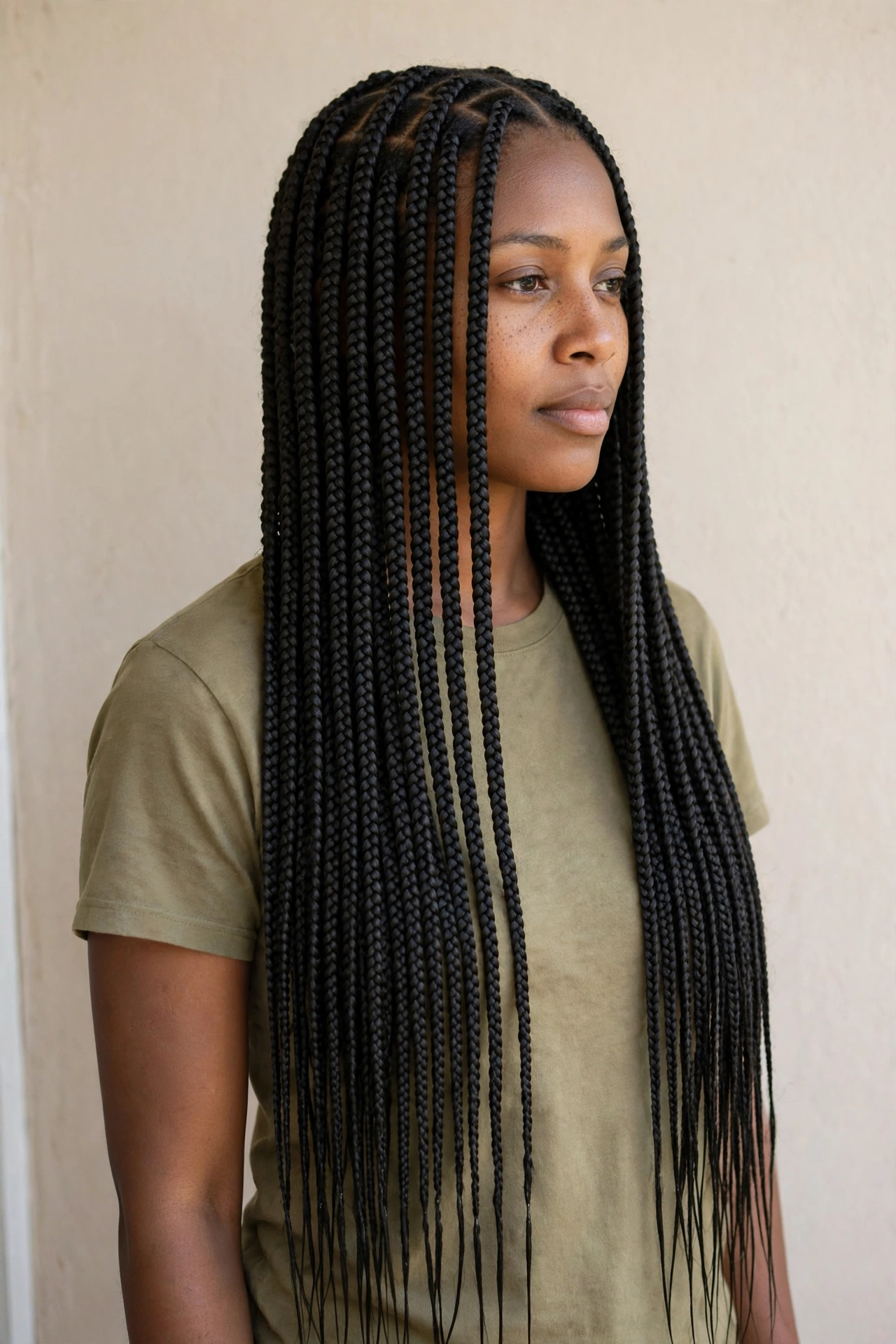 A woman with center-parted waist-length box braids with straight ends, photographed from a three-quarter angle in soft daylight against a plain wall.