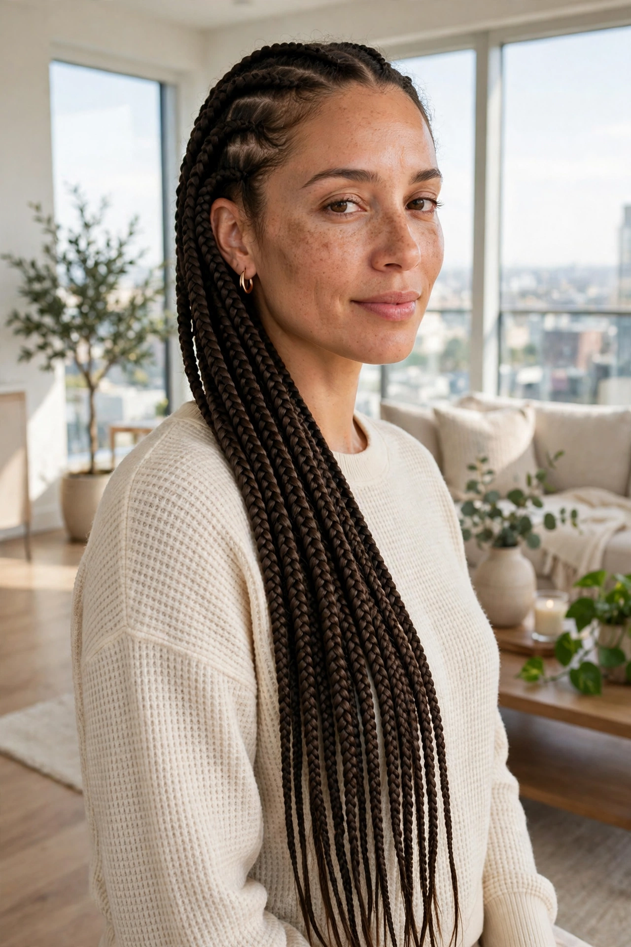 A woman with side-parted waist-length braids swept over one shoulder, photographed in a bright modern apartment with large windows.